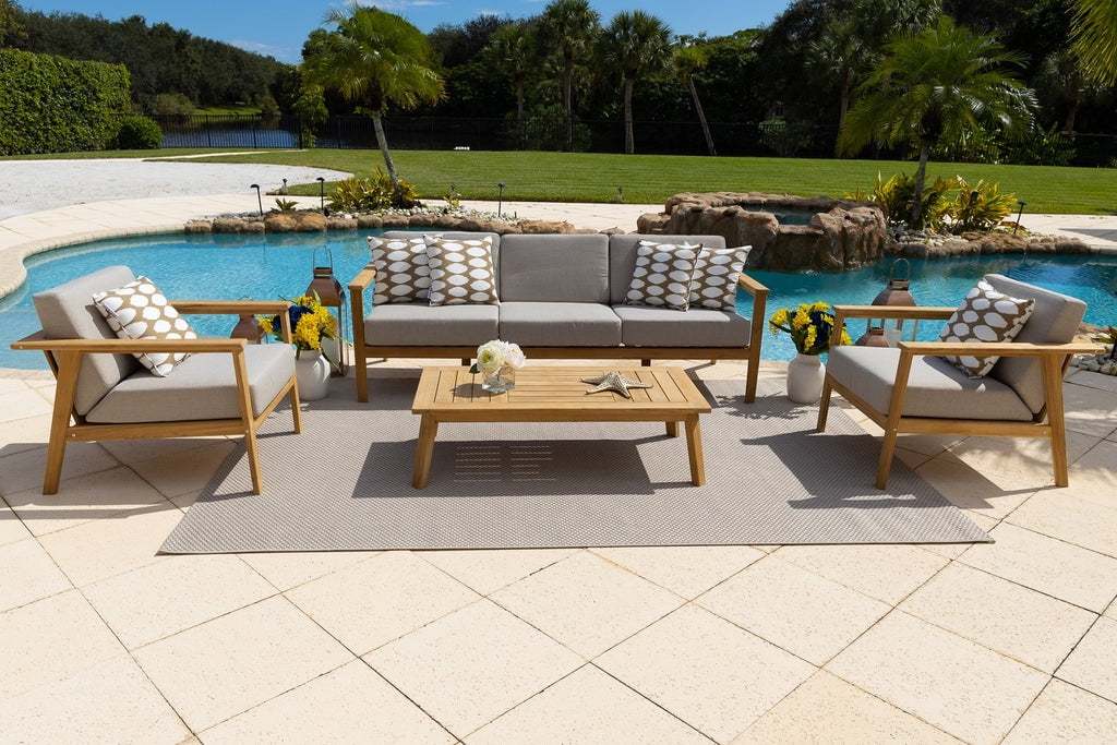 Laguna 4-Piece Eucalyptus Wood Outdoor Patio Conversation Sofa Set w/Three-Seat Sofa, Two Armchairs and Coffee Table - Image 2