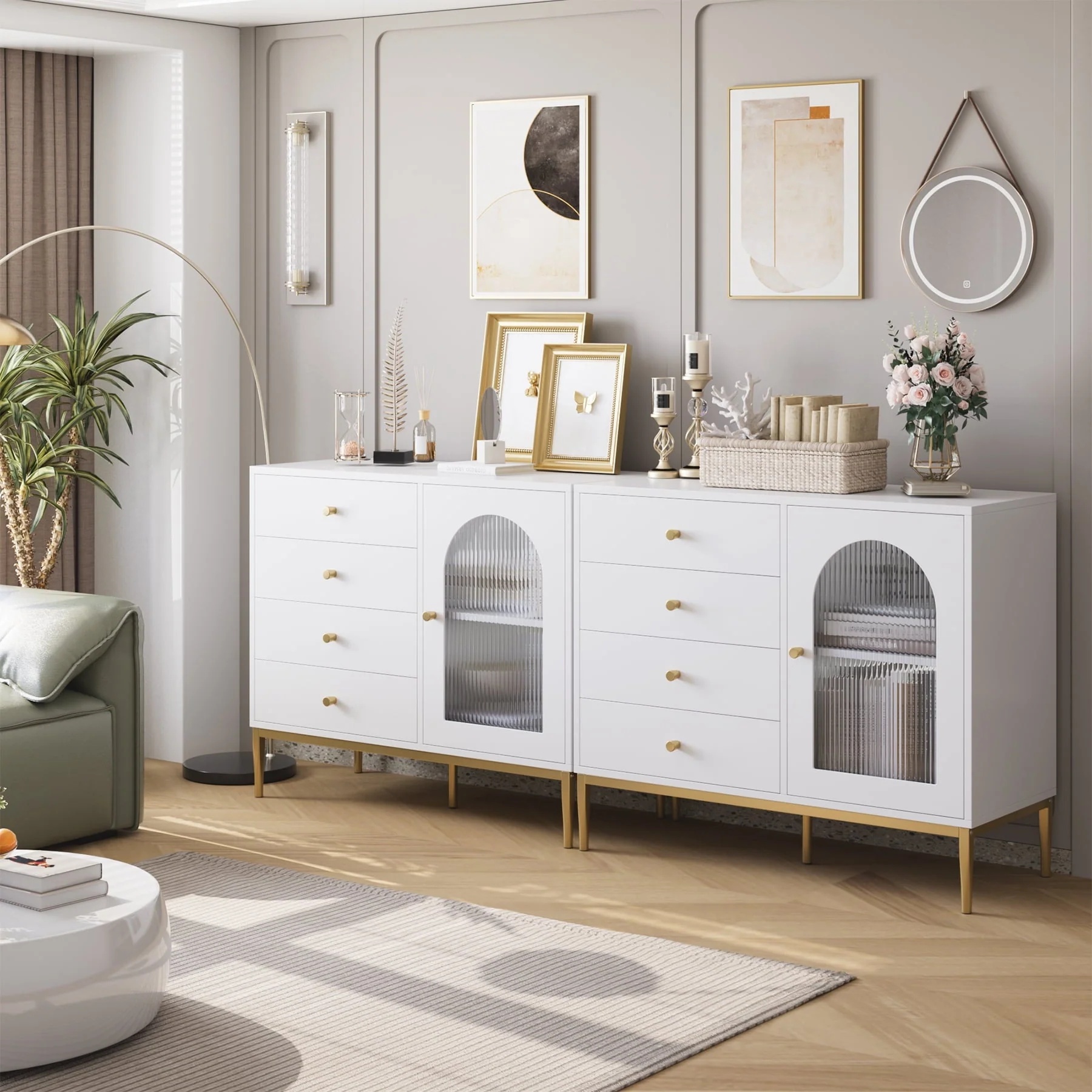 Homfa 4 Drawer Storage Cabinet, Modern Wooden Cupboard with Frosted Glass for Living Room, White Finish - Image 7