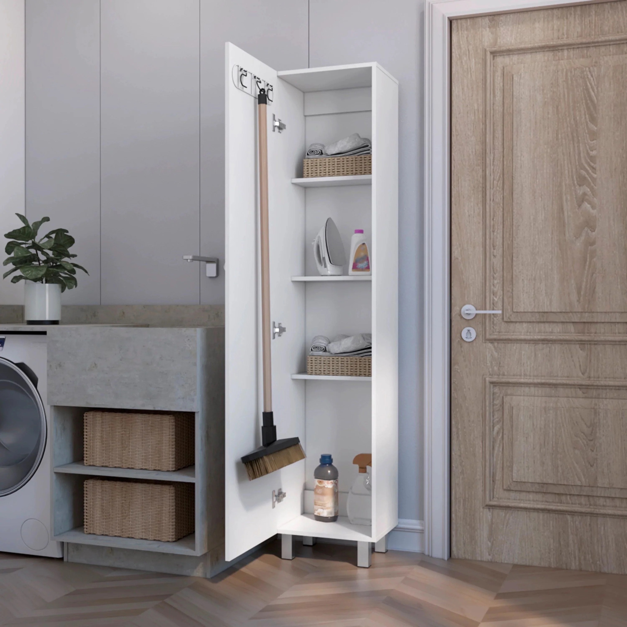 FM FURNITURE Clarno Tall Storage Cabinet, Single Door with Broom Hangers ,White - Image 3