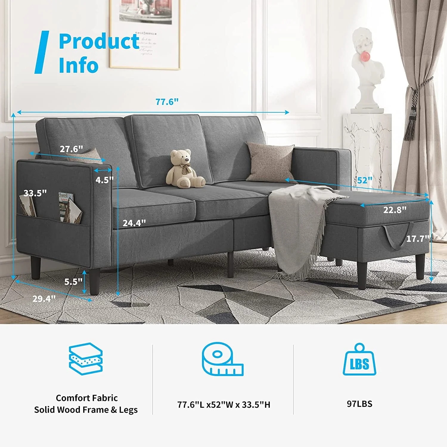 Mjkone Convertible Sectional Sofa Couch, L-Shaped Couch with Storage Ottoman, Couches for Living Room, Living Room Furniture Suitable for Small Space-Apartment/Upstairs Loft/Living Room (Dark Gray) - Image 3