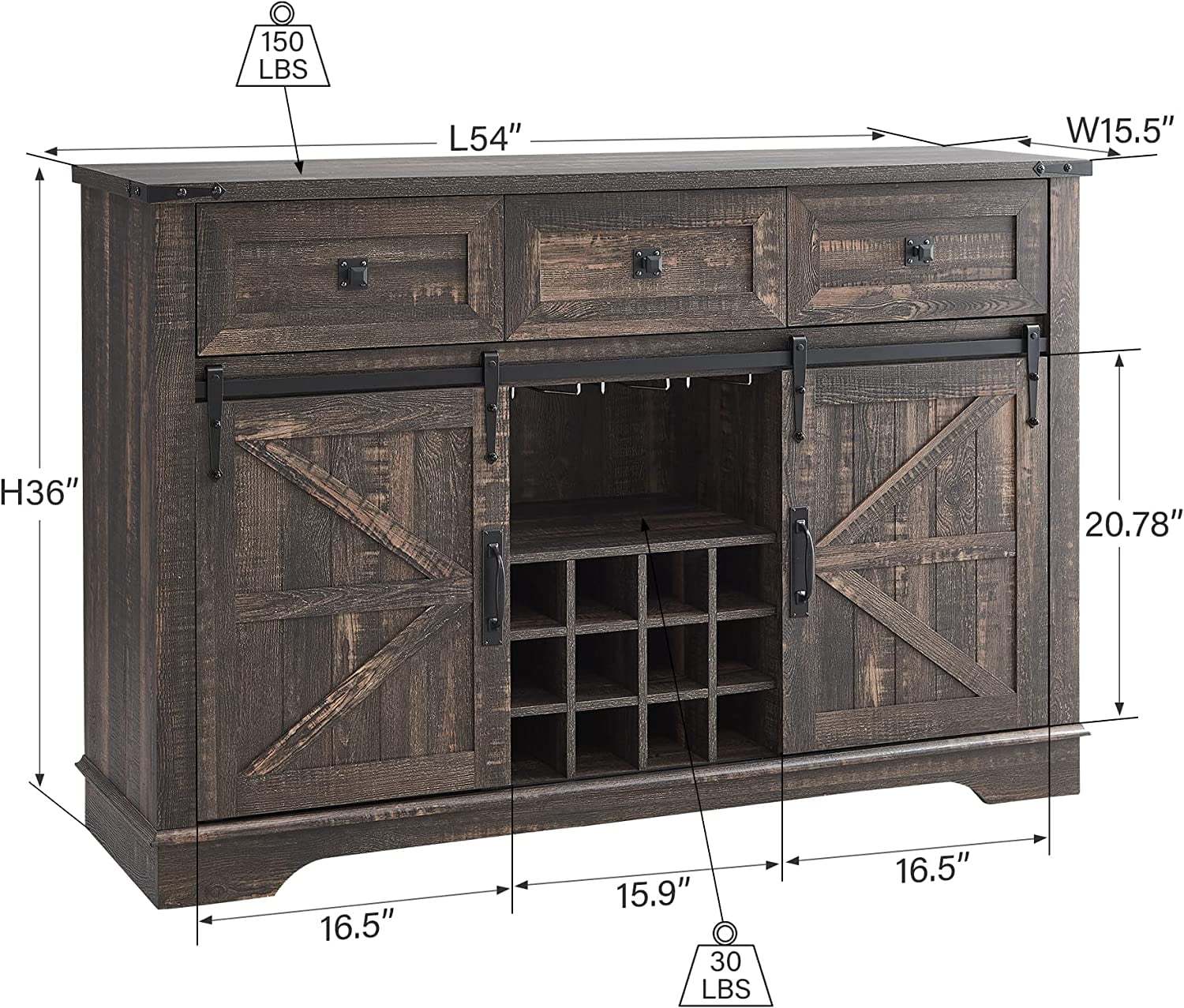 OKD Wood Farmhouse Coffee Bar Cabinet, 54" Kitchen Buffet Sideboard Furniture with Barn Door and Drawer Storage, Dark Rustic Oak - Image 5