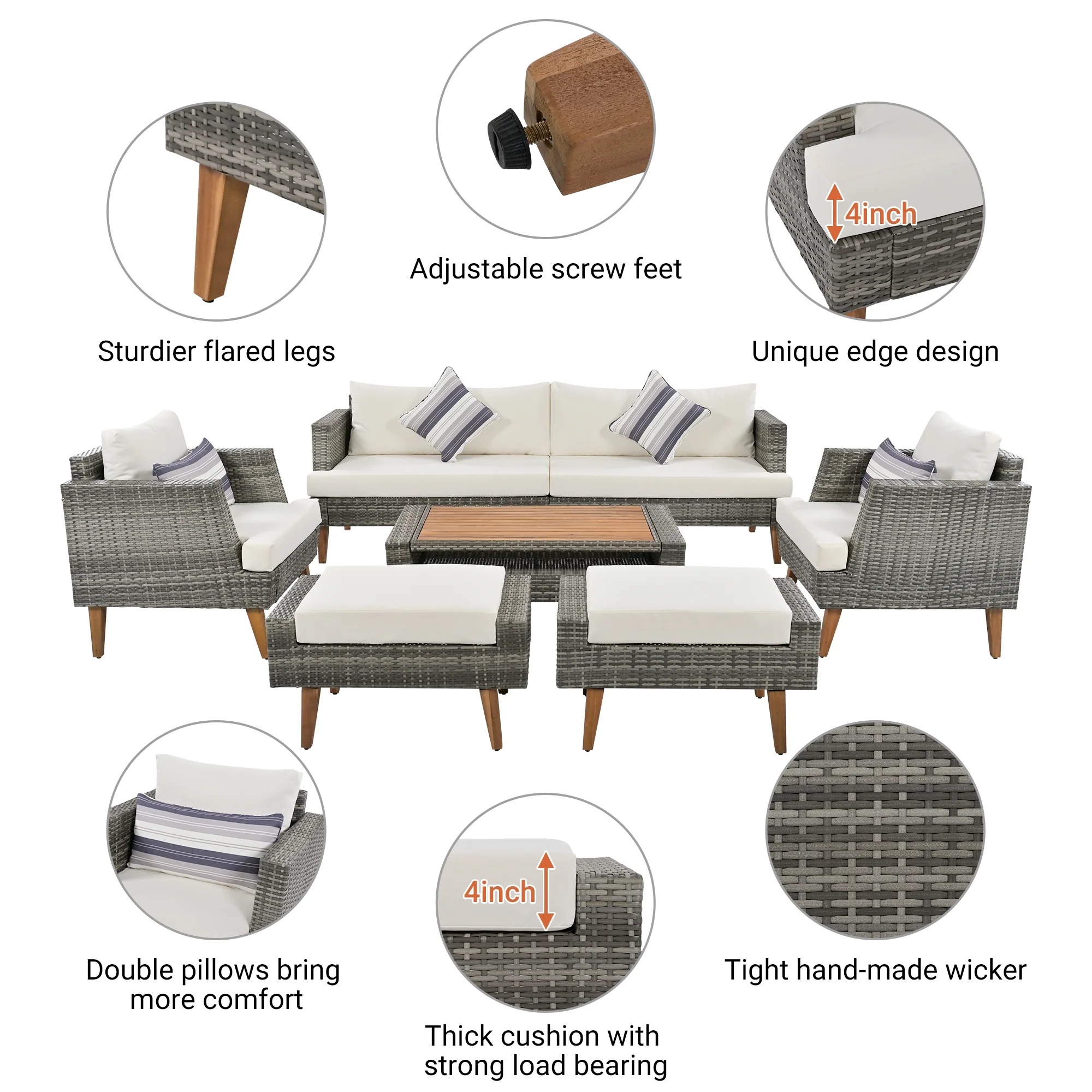 6 Pieces Wicker Patio Furniture Set Outdoor Conversation Set, All Weather PE Rattan Sectional Sofa Couch with Storage Table and Cushions, Beige - Image 12