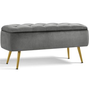 SMILE MART Modern Velvet Upholstered Storage Bench with Metal Legs for Bedroom, Gray