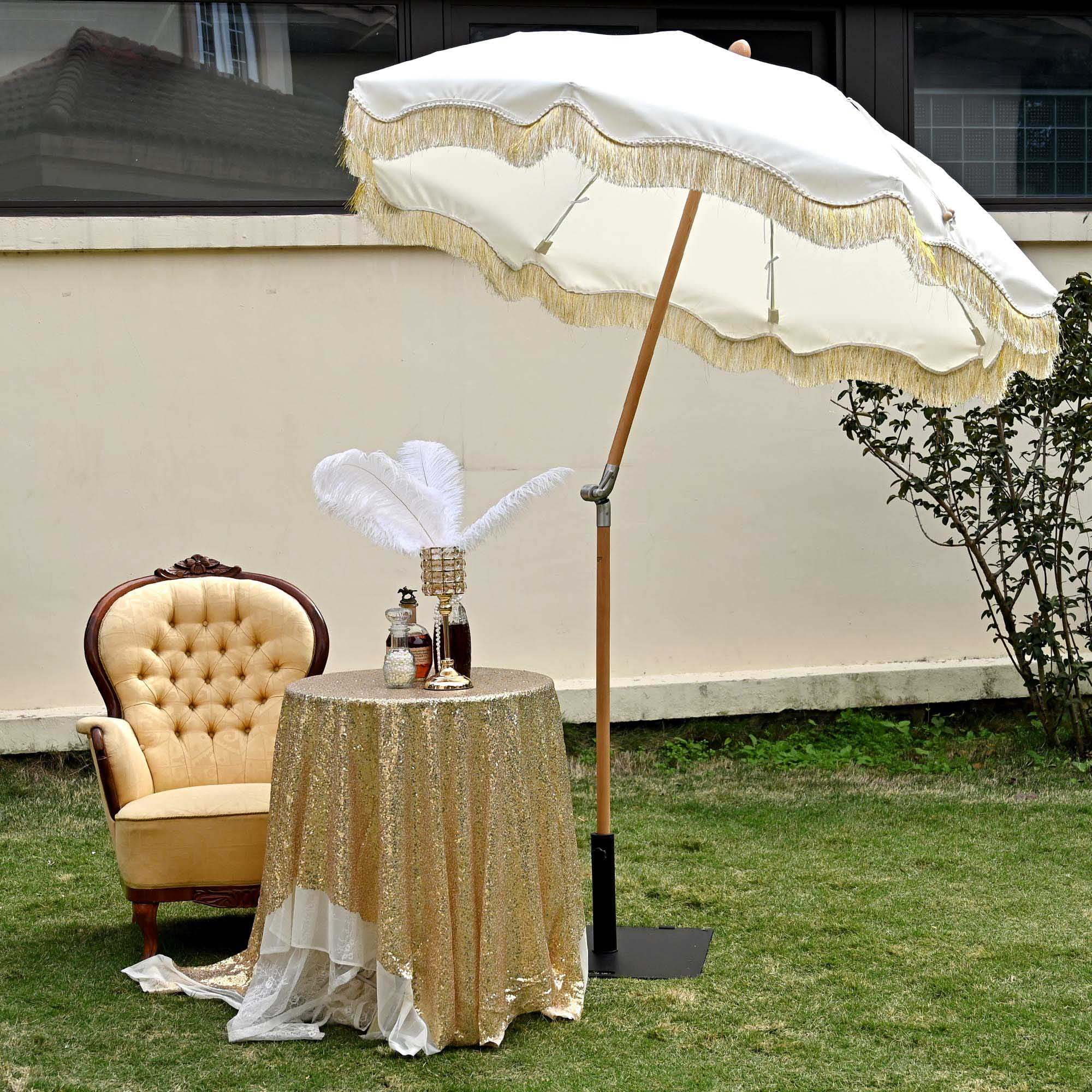 LAGarden 6 Ft Fringe Patio Umbrella with Tassel Jazz Age Wood UPF50+ for Outdoor, Beige with gold tassel,Model: JZ6-01 - Image 12