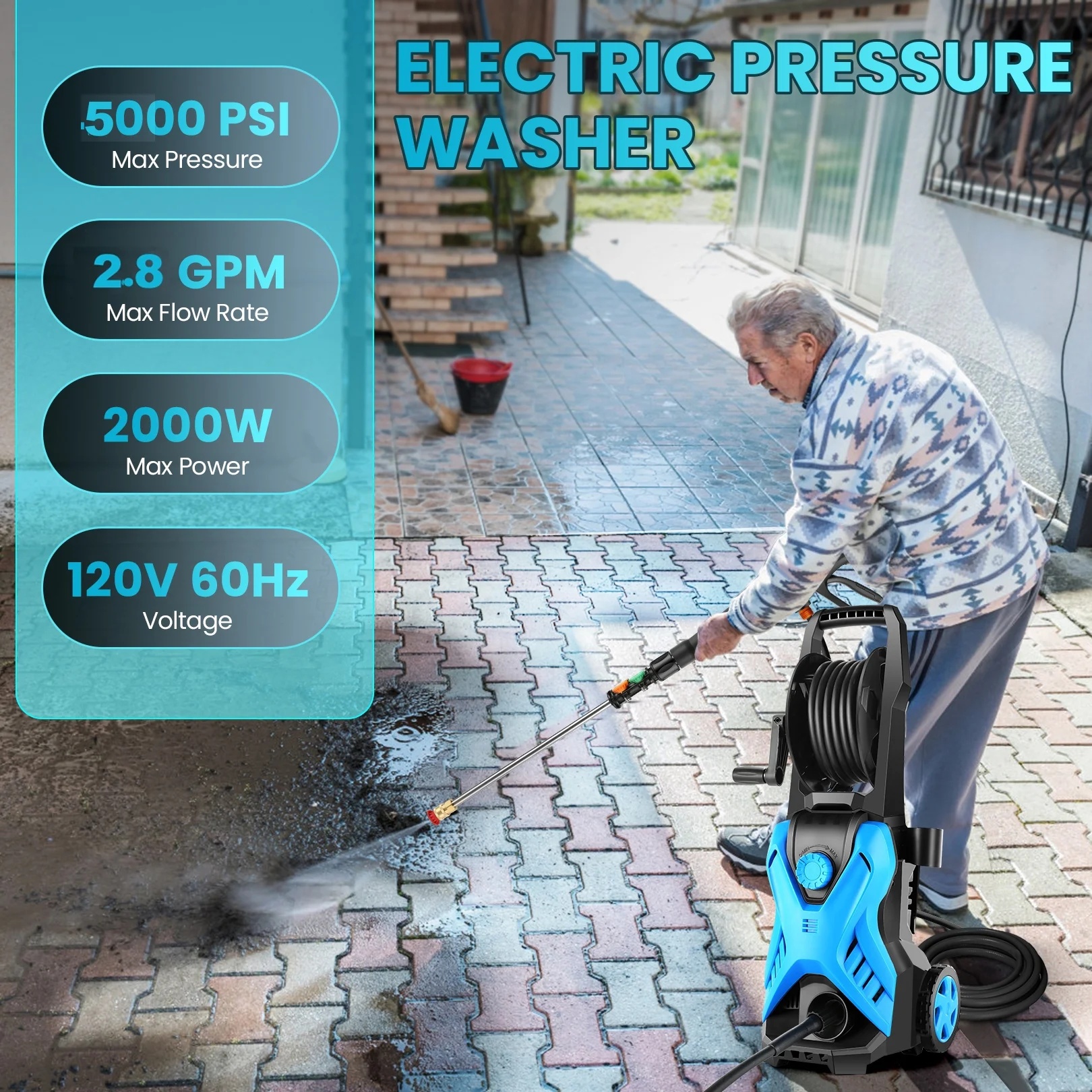5000 Psi Electric Pressure Washer, 2.8 Gpm Power Washer with 33FT Extension Hose Reel, Pressure Adjustable (2500PSI-5000PSI), 4 Quick Connect Nozzles and Foam Cannon for Car/Fence/Patio(Blue) - Image 4