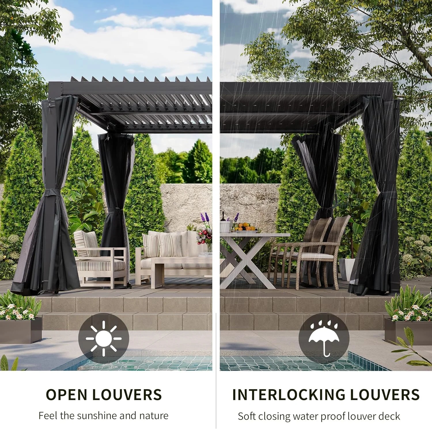 GAZEBETER 10' x 20' Louvered Pergola, Outdoor Aluminium Pergola with Adjustable Roof, Curtains and Netting, Hardtop Gazebo for Patio, Deck, Garden, Yard, Beach, White - Image 12