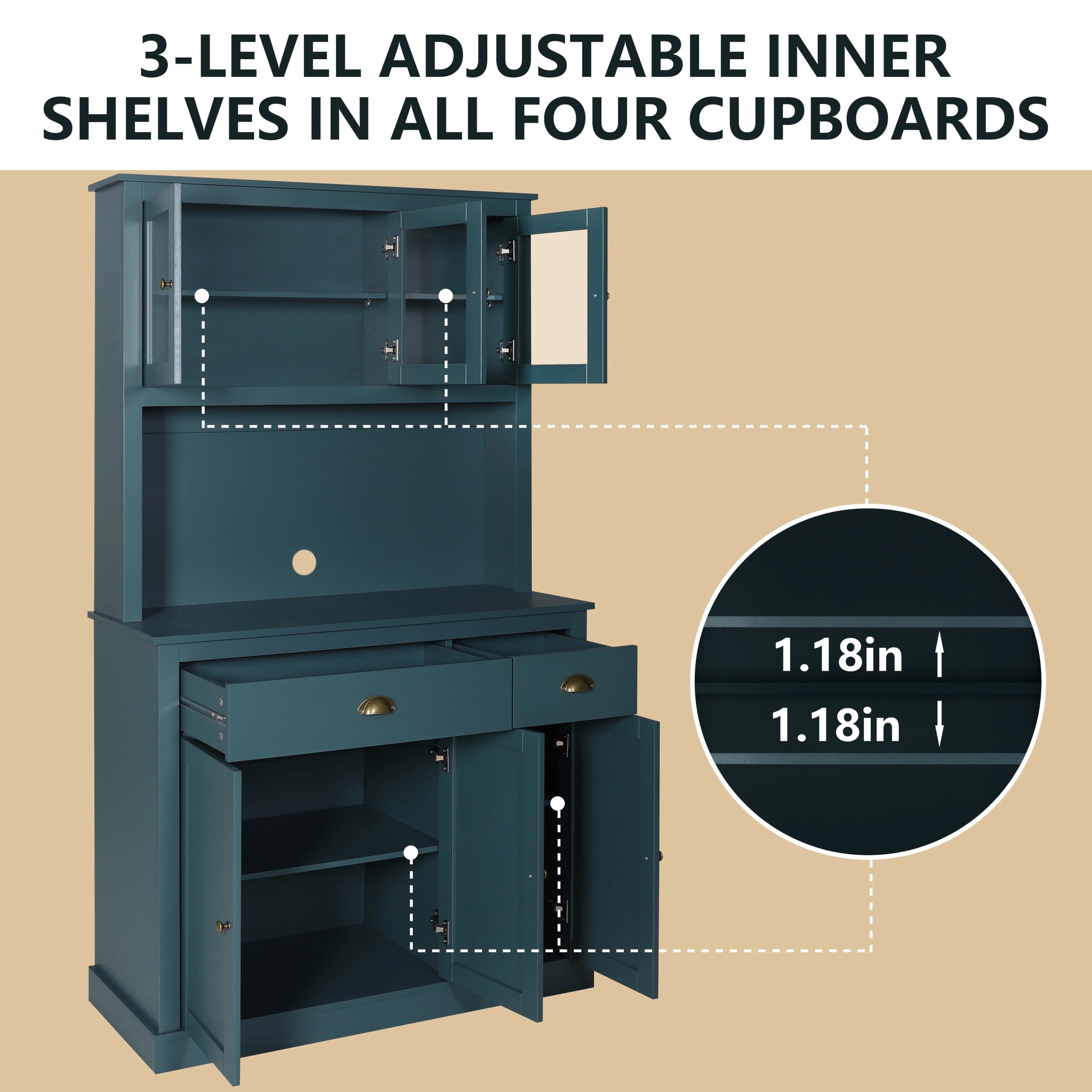 VEIKOUS 71''H Pantry Cabinet Kitchen Hutch Pantry Storage Buffet Cabinet w/ Microwave Stand, 6 Cupboard and 2 Drawer, Blue - Image 6
