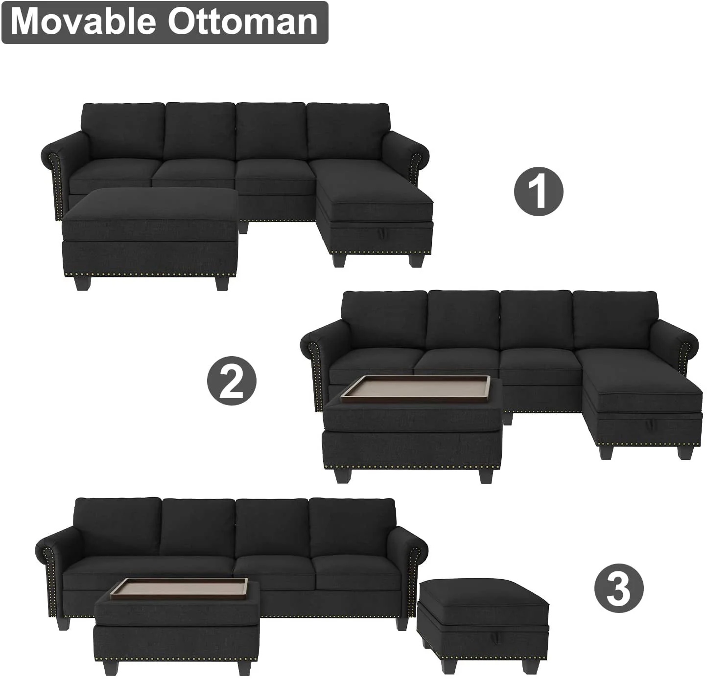 Nolany Reversible Sectional Couch L Shaped Sofa Set with Storage Tray Ottoman for Small Space and Living Room, Dark Grey - Image 2