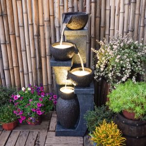 37.4-H Outdoor Water Fountain with 4 Crocks, Modern LED Lighted Garden Floor Fountain for Patios and Yards -C Durable Resin Water Feature with Cascading Waterfall Design for Indoor/Outdoor D-cor