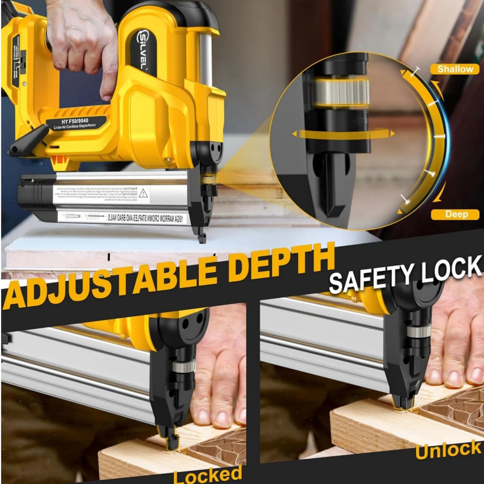 Rvchic 2-in-1 Cordless Electric Brad Nailer with 2 * 2.0Ah Battery for Upholstery,Carpentry and Woodworking,1000pcs Nails,18GA Staples Included,Yellow - Image 7