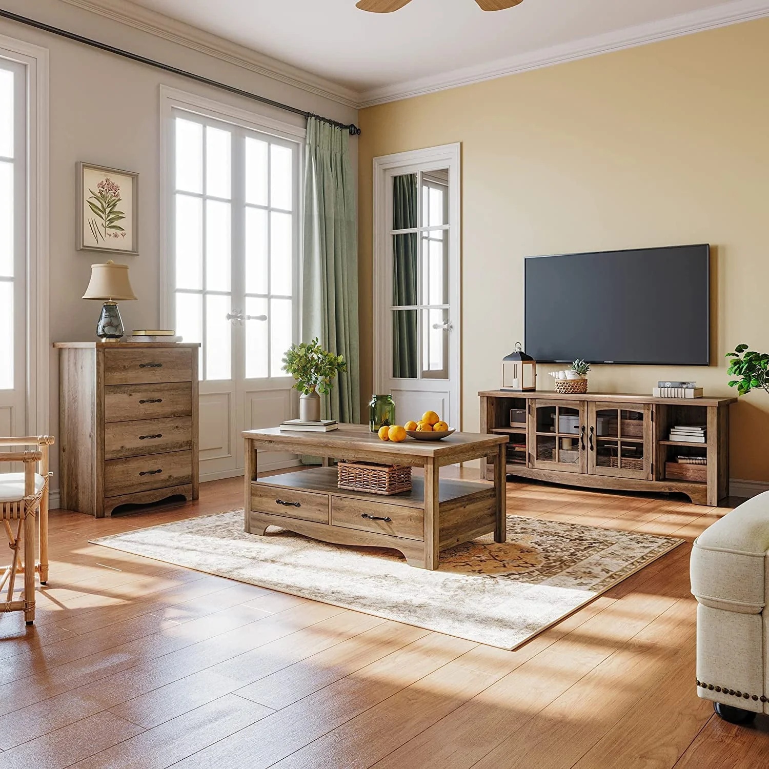 LINSY HOME Farmhouse Coffee Table with Storage, Wood Coffee Table for Living Room, Open Display Area and Storage Drawers with Metal Handles, Chic Style with Curved Base, Brown - Image 5