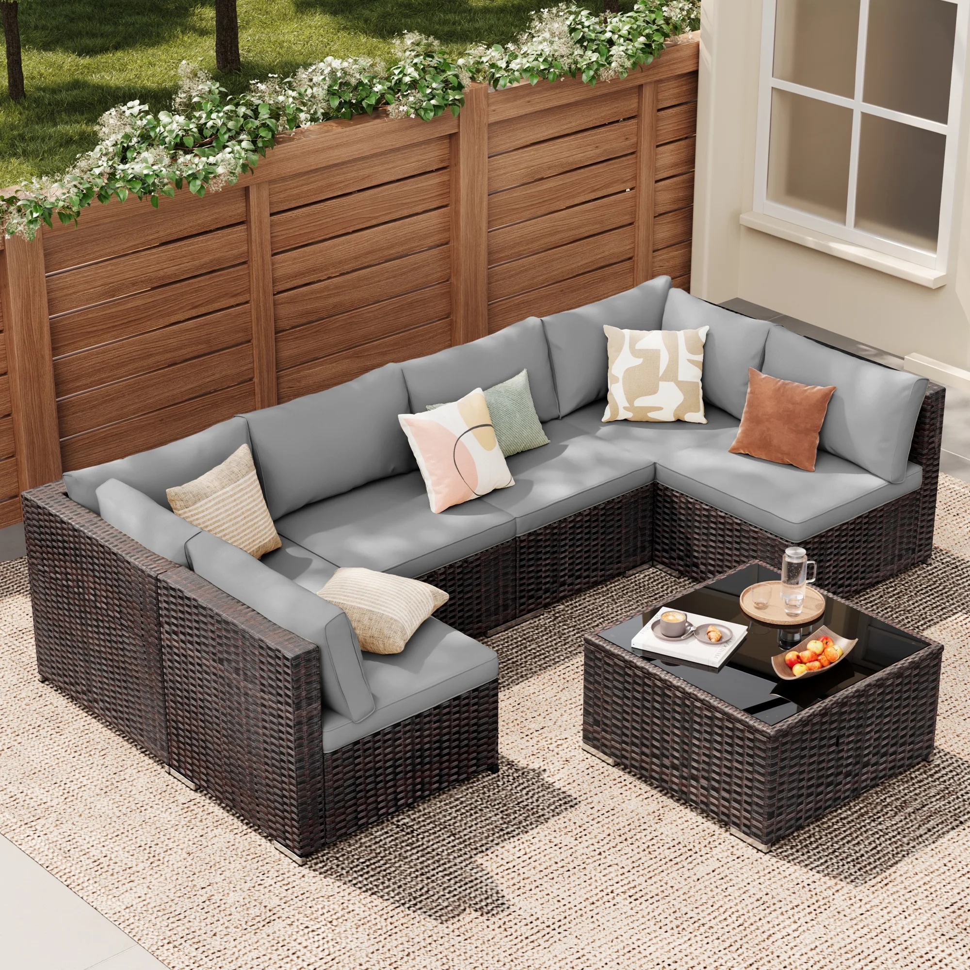 7 Pieces Outdoor Patio Furniture Set, Lofka PE Rattan Sectional Sofa with Tempered Glass Coffee Table & All-Weather Cushions, Patio Conversation Set for Garden, Poolside (Grey) - Image 6