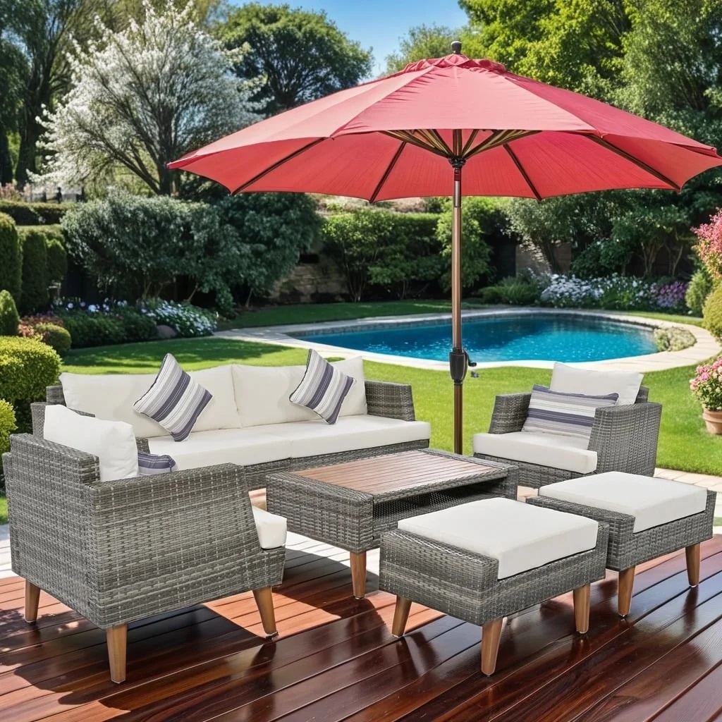 6 Pieces Wicker Patio Furniture Set Outdoor Conversation Set, All Weather PE Rattan Sectional Sofa Couch with Storage Table and Cushions, Beige - Image 14