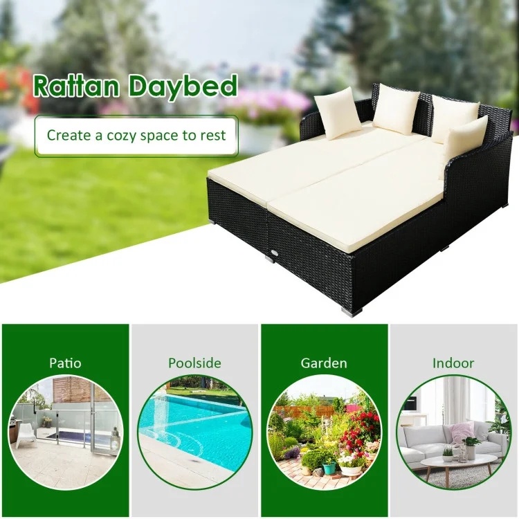 Veryke Outdoor Patio Wicker Daybed Double Chaise Lounge with Cushion, Recliner Chair for Patio Furniture - Beige - Image 4