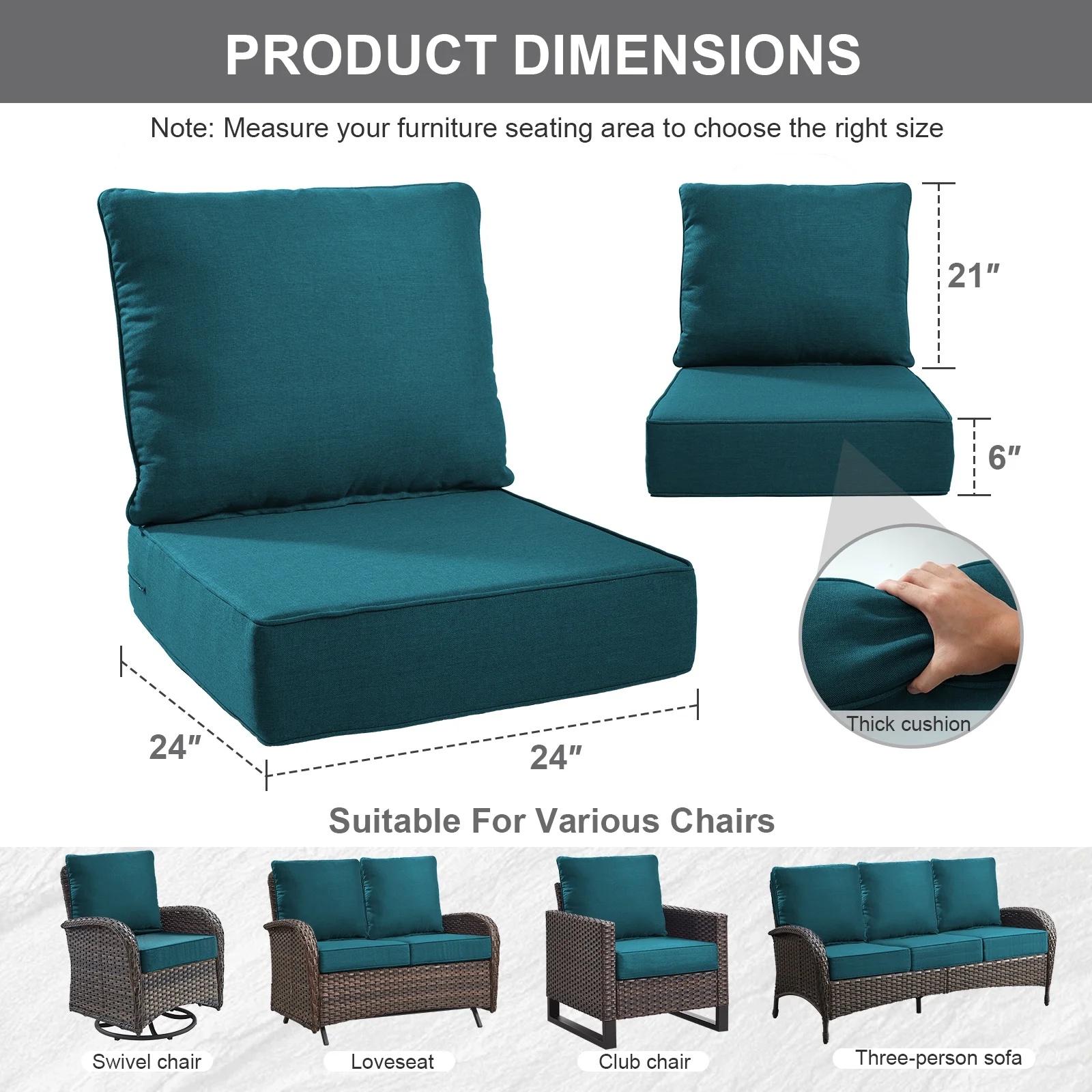 Terraloom 6 Inch Outdoor Cushions 24x24" - Water Resistant 2 Set Deep Seating Patio Chair Back&Seat Cushion for Wicker Rocking Swivel Chairs Loveseat Couch Sectional Sofa in Beige - Image 65