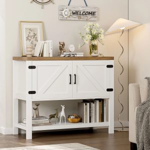 Homfa Small Buffet Cabinet, 35.4" Farmhouse Sideboard with Storage Shelf for Dining Room, White