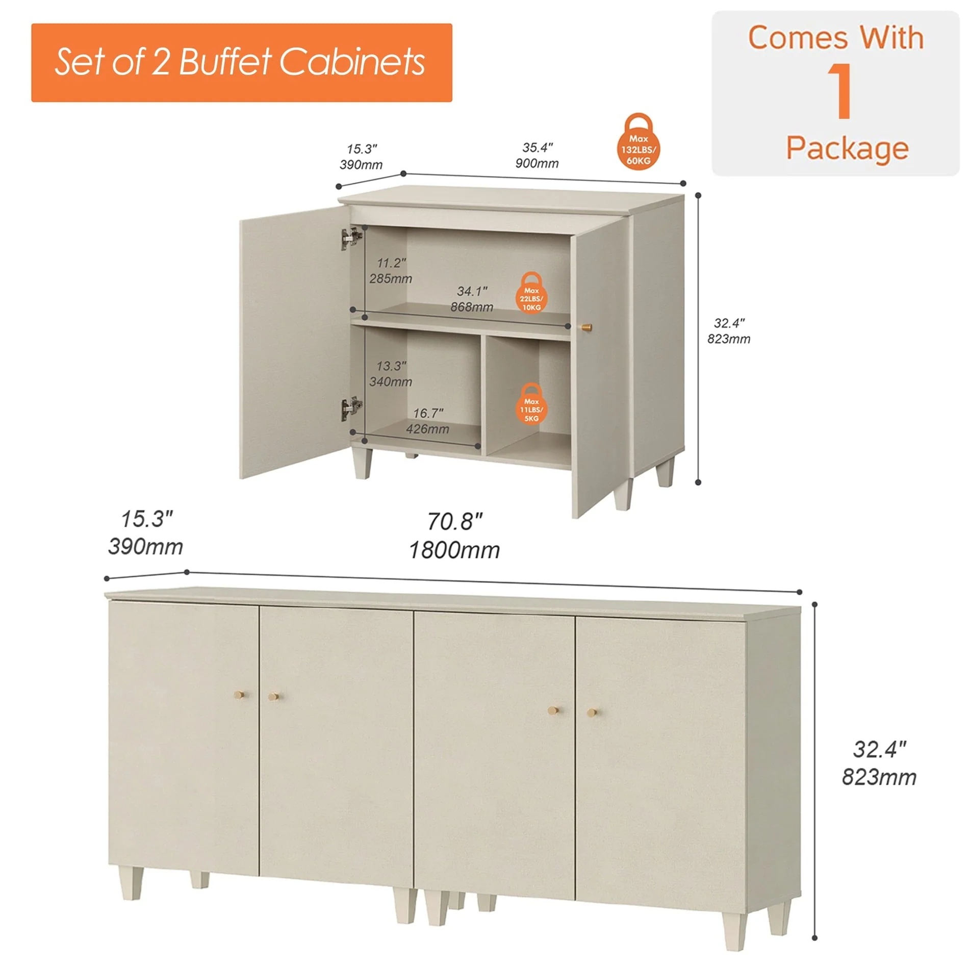 Sideboard Buffet Server Cabinets with Doors, 70.8" Kitchen Wood Coffee Bar Table, 2 -In-1 Storage Cabinets with 6 Compartments for Dining Room, Living Room, Entryway, Beige Faux Linen Textured Finish - Image 5