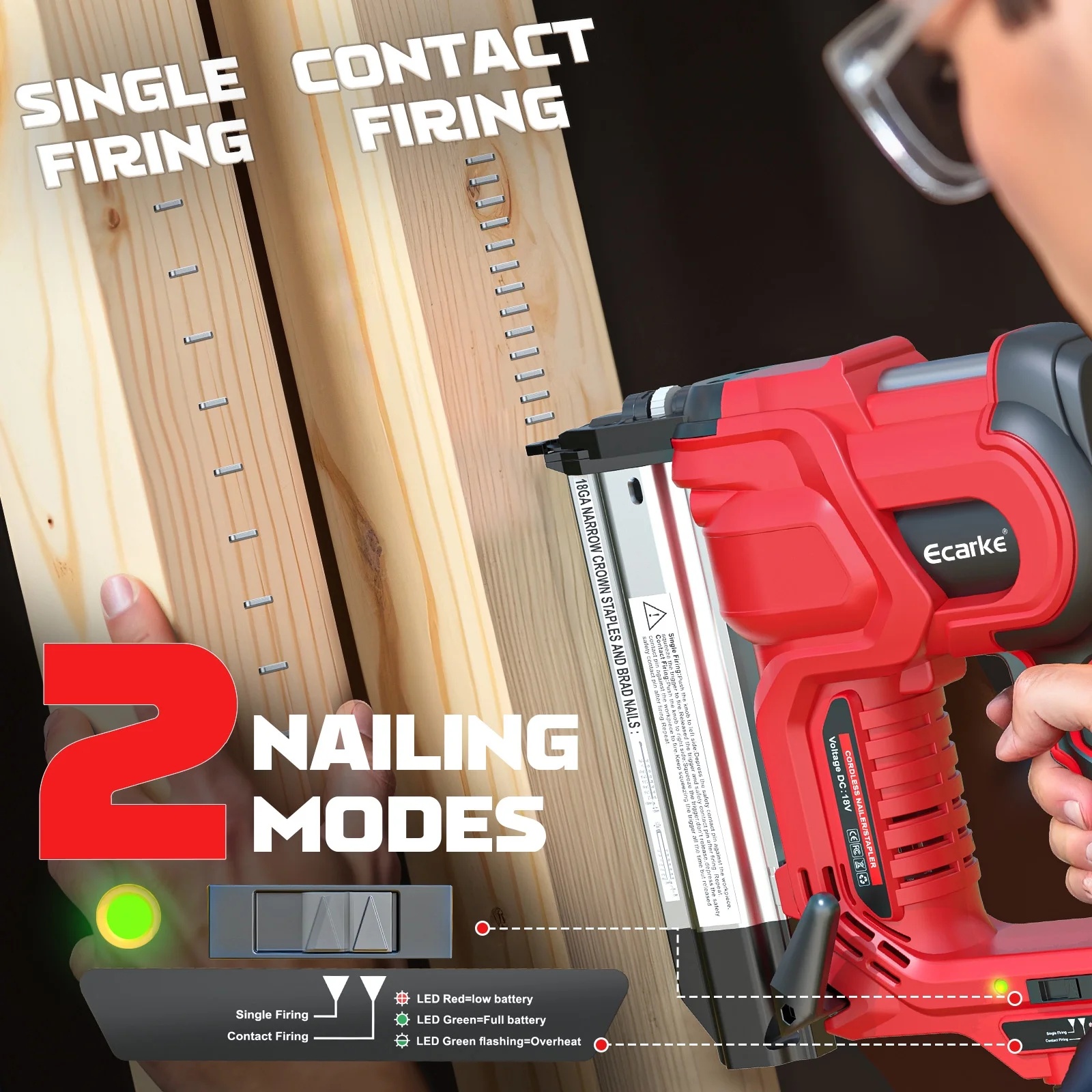 Gauge Electric Nail Gun Compatible with Milwaukee Battery,2 in 1 Cordless Brad Nailer and Stapler with 18GA Nails/Staples,Battery for M18 18V Power,2 Firing Modes for Trim Wood Crafting DIY - Image 4