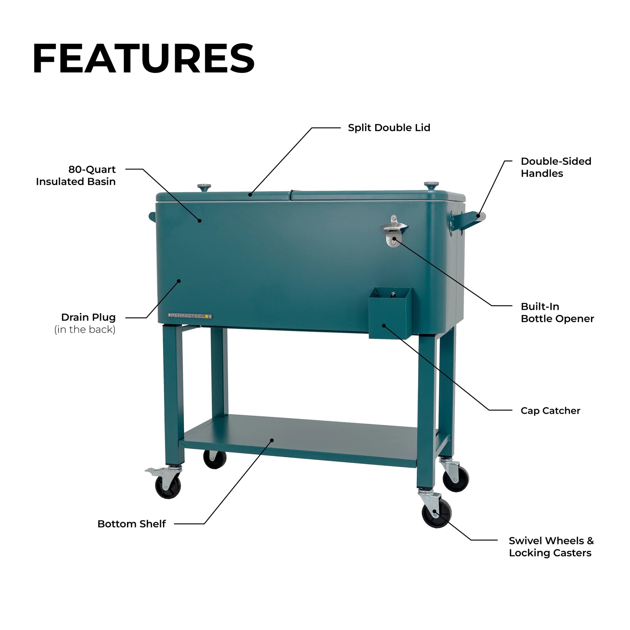 Permasteel 80-Qt Outdoor Steel Patio Cooler with Removable Basin, Rolling Cooler with Wheels, Teal Green - Image 10
