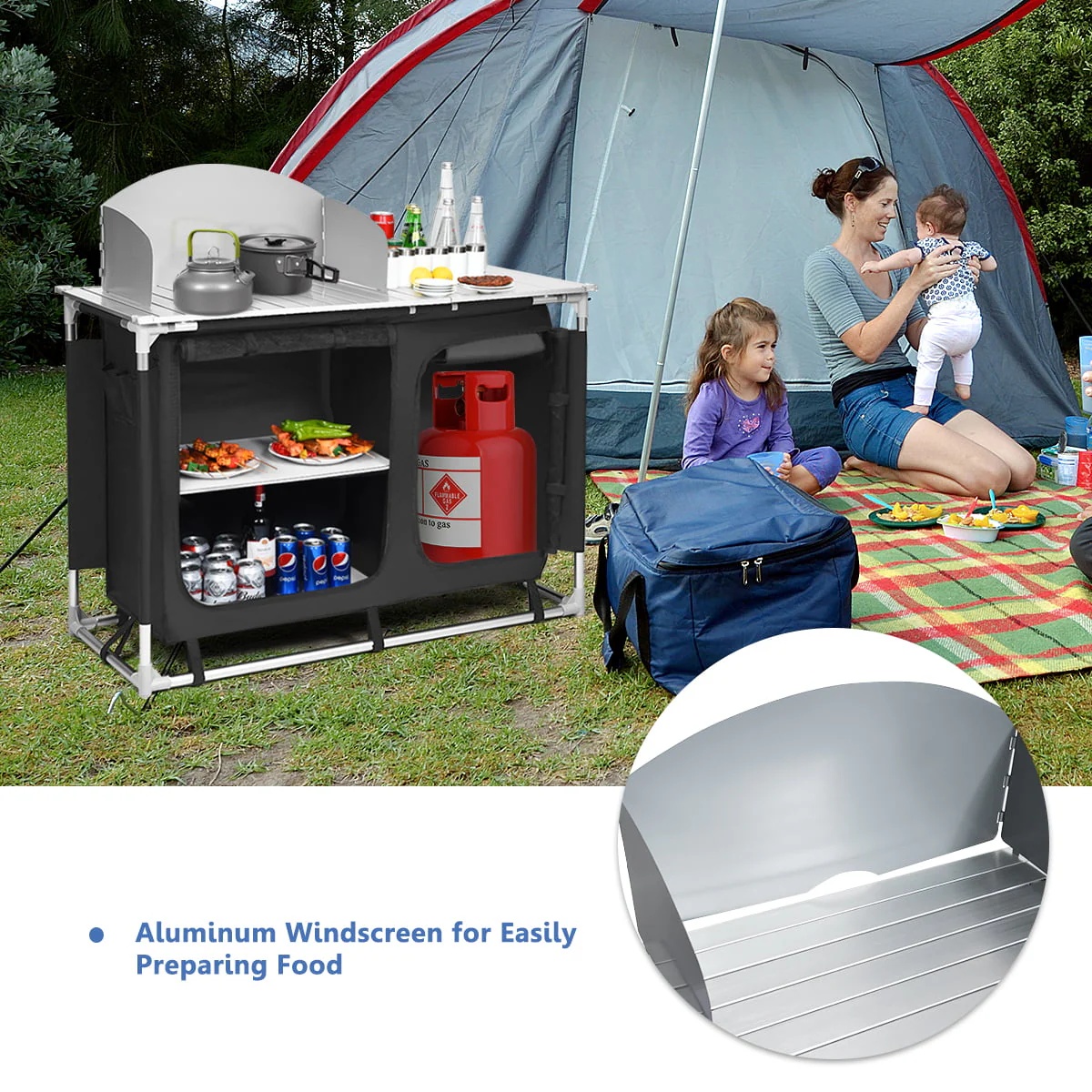 Goplus Portable BBQ Camping Grill Table Kitchen Sink Station w/ Storage Organizer Basin - Image 5