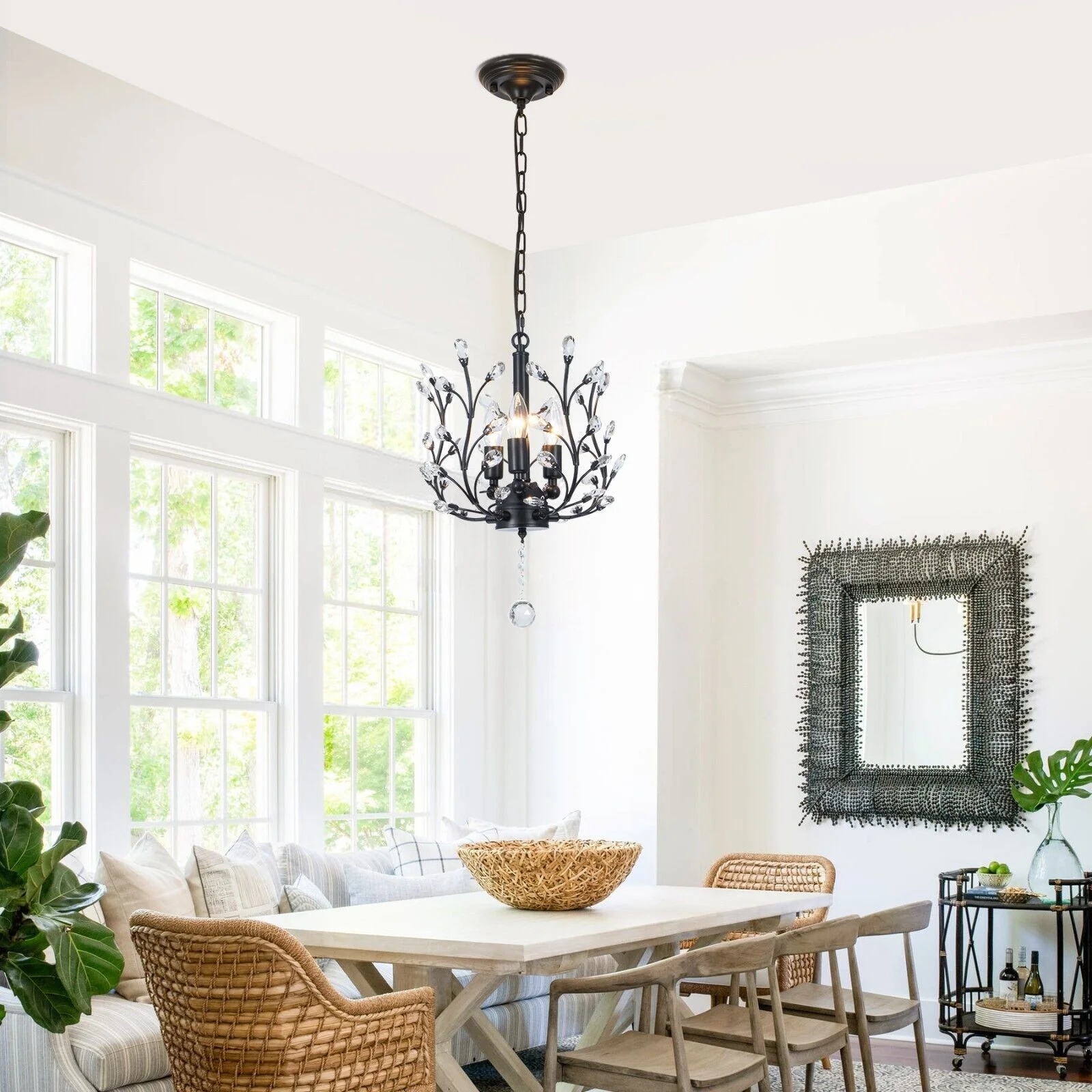 FINE MAKER 18-inch branch flower-shaped crystal chandelier, 3-head living room chandelier, bedroom study lighting fixture (black) - Image 10