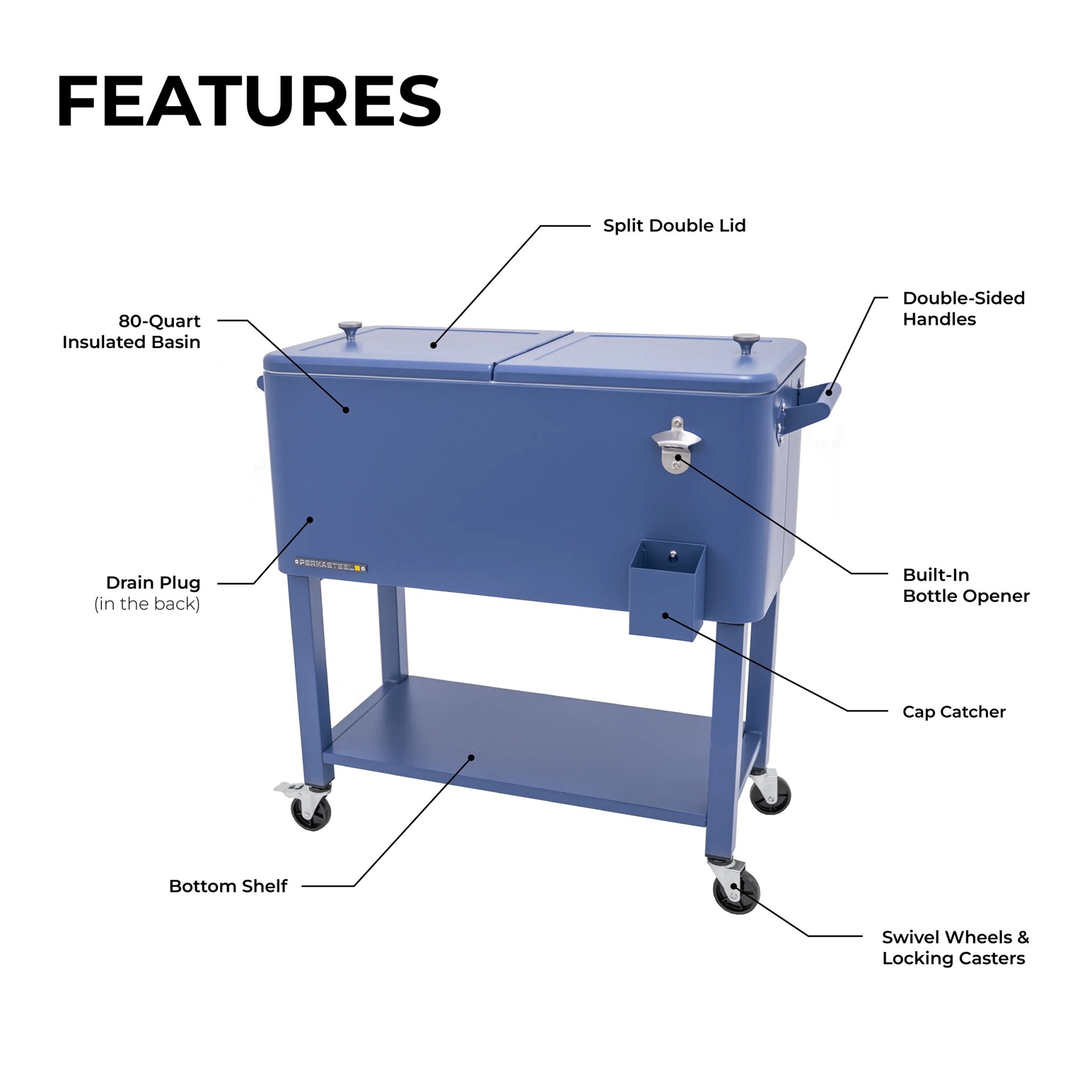 Permasteel 80-Qt Outdoor Steel Patio Cooler with Removable Basin, Rolling Cooler with Wheels, Teal Green - Image 68
