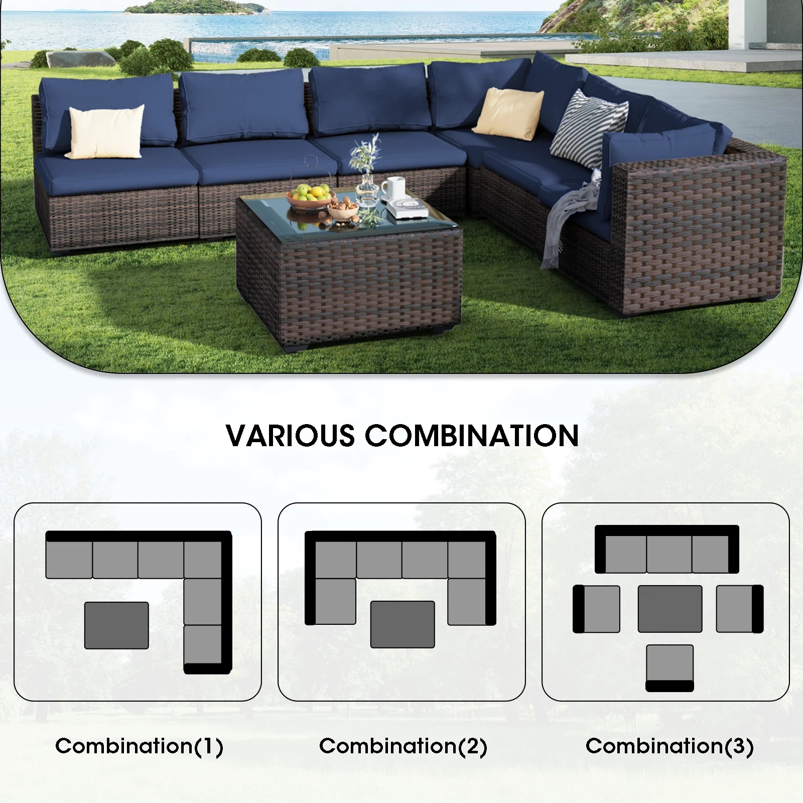 Grezone 7 Patio Outdoor Furniture Wicker Sectional Sofa Couch Lawn Sectional, Black - Image 18