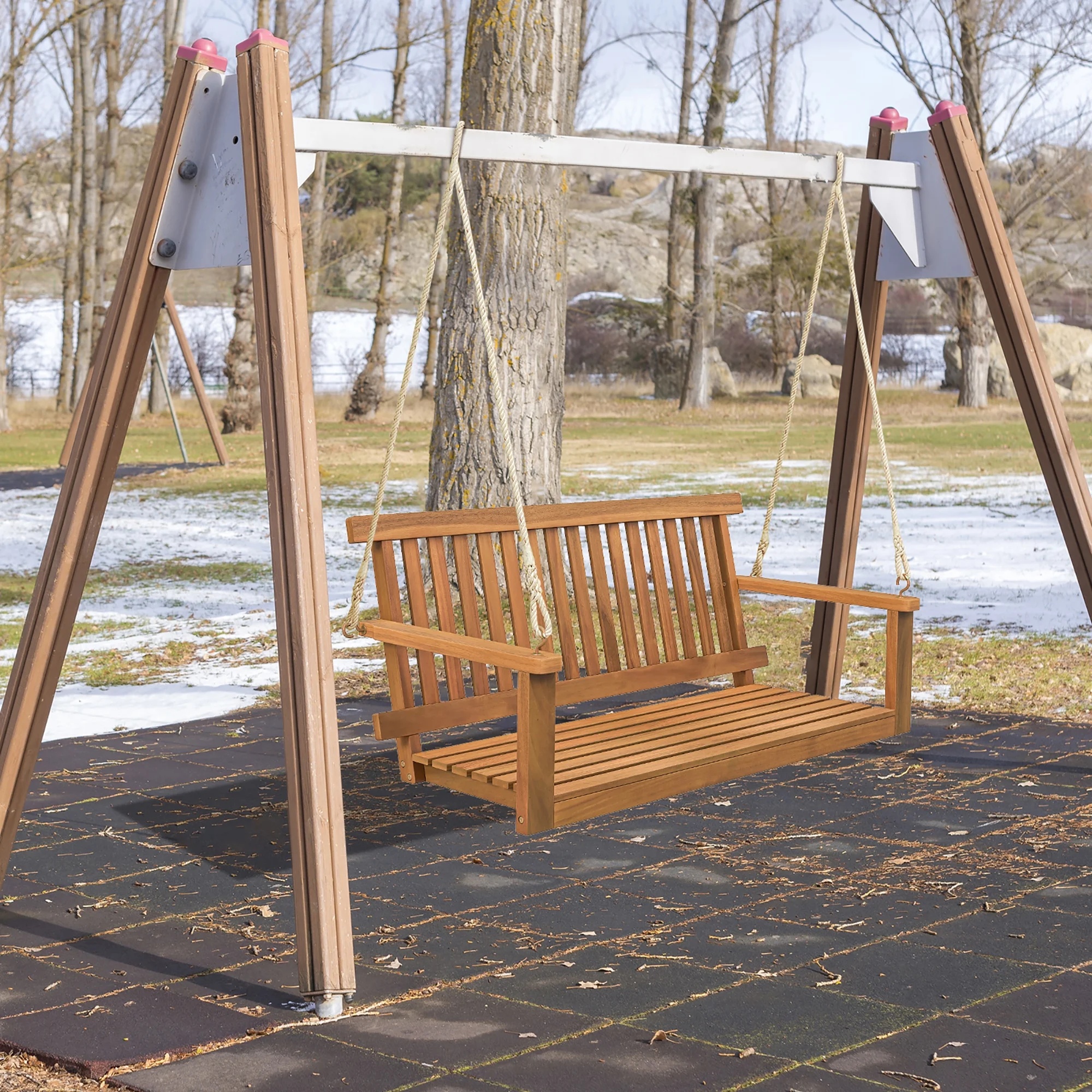 Gymax 2-Person Acacia Wood Outdoor Porch Swing Patio Hanging Bench Chair Natural - Image 9