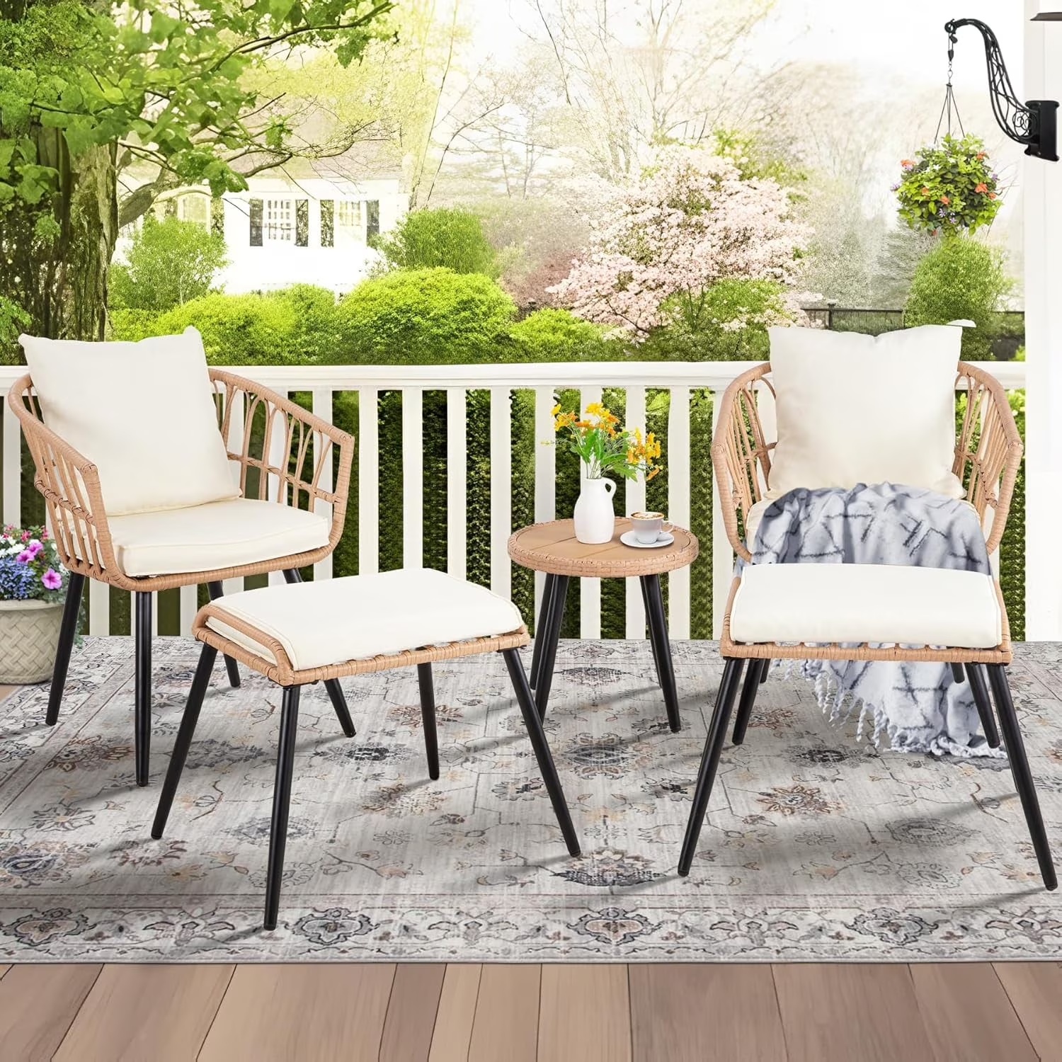 FHFO 3 Piece Patio Bistro Set, Outdoor Wicker Apartment Balcony Furniture Sets, Rattan Table and Chairs Set of 2 for Porch Backyard Lawn Poolside Deck, Beige - Image 3