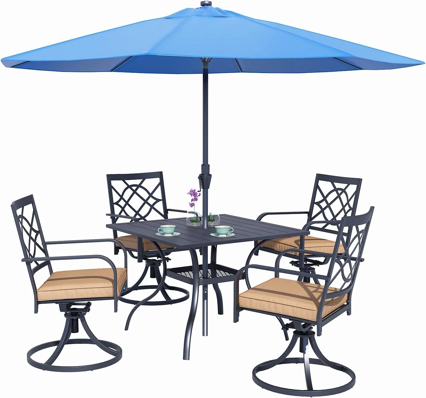 SUNCROWN 7-Piece Outdoor Wrought Iron Chairs and Table Patio Dining Furniture Set - 6 Stackable Metal Chairs, 1 Steel Slat Bistro Table and 1 Brown 9Ft Patio Umbrella for Garden Backyard Deck - Image 94