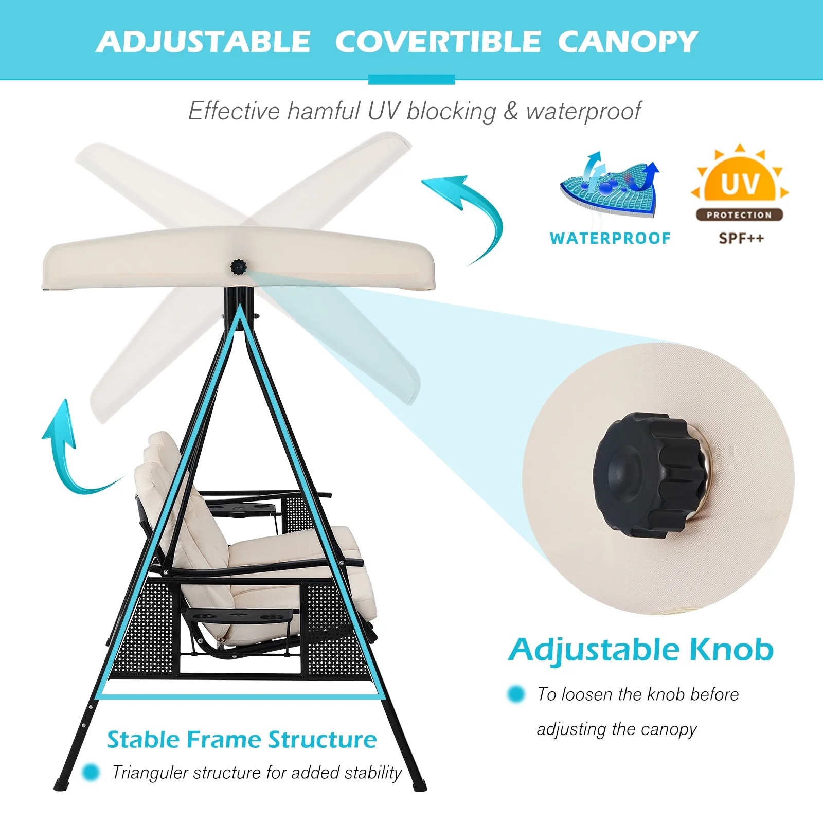 AECOJOY 3 Persons Outdoor Patio Canopy Steel Porch Swing Chair-Beige, Porch Swing - Image 2