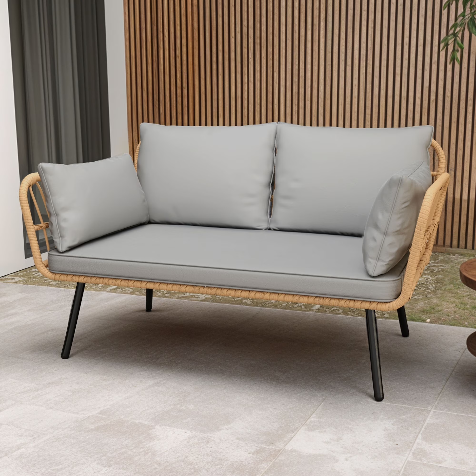 Uforic Outdoor Wicker Loveseat with Cushions and Rattan Side Table, All-Weather 2 Pieces Bistro Patio Conversation Furniture Set -Beige - Image 7