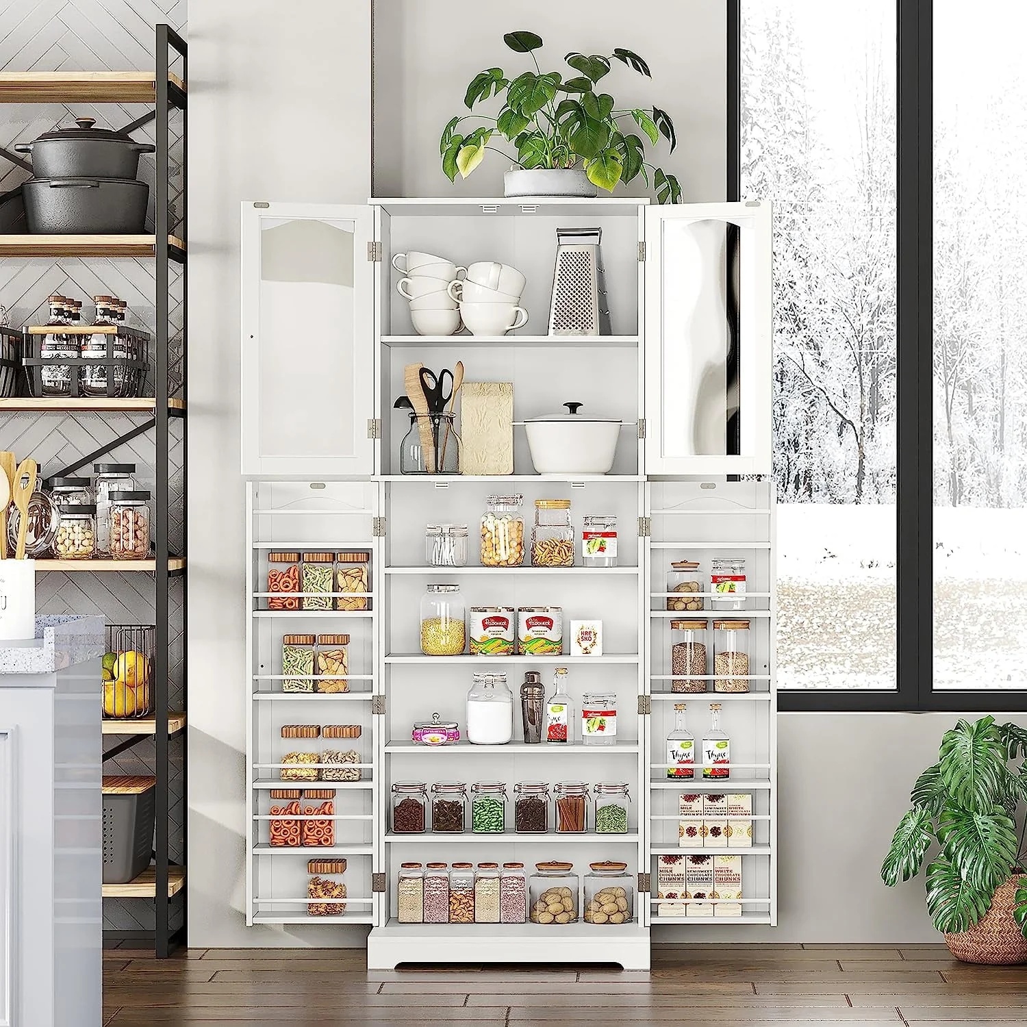 HOMEFORT 64" Kitchen Pantry Cabinet, Modern Tall Cabinet with MDF board and Adjustable Shelves, Freestanding Utility Storage Cabinet Cupboard for Kitchen, Living Room, Dining Room, White