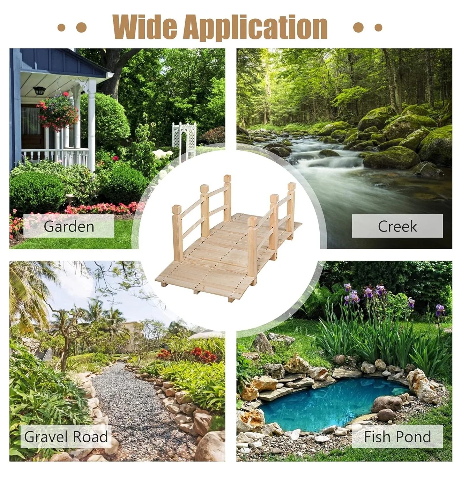 Garden Bridge, 5FT Wooden Arc Footbridge for Outdoors with Safety Guardrails, Decorative Landscaping for Garden Yard Walkway Creek Farm, 400 LBS Capacity (Natural Finished) - Image 8