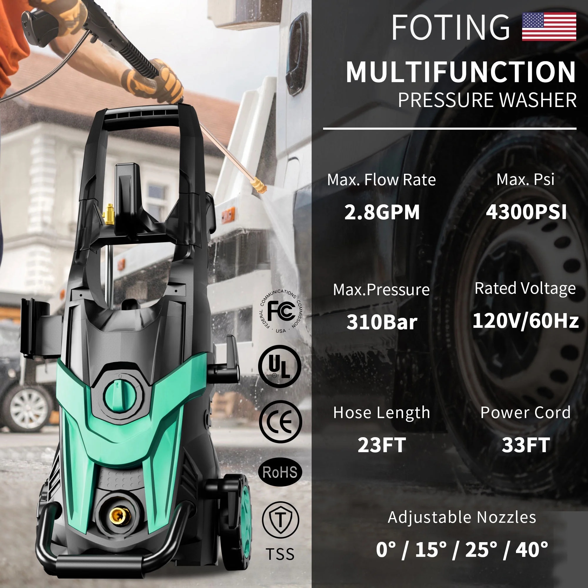 2024 Upgraded Electric Pressure Washer 4300 PSI 2.8 GPM Power Washer with Extra Hose, 23ft Hose 35ft Power Cord, 4 Nozzle and Detergent Tank for Cars, Fences, Patio - Image 2