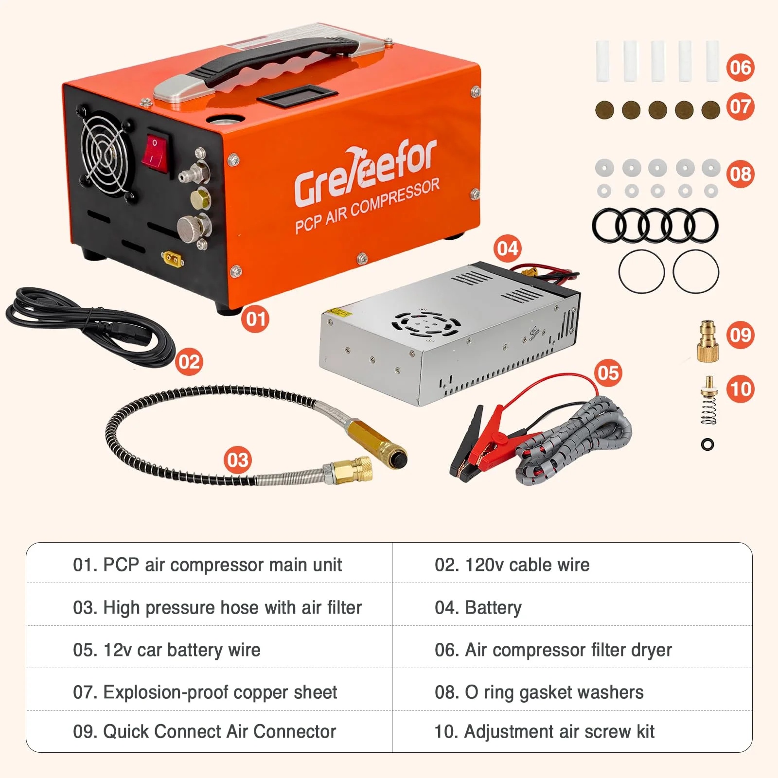Greteefor PCP Air Compressor, Built-in 600W Adapter, 4500Psi/30Mpa, 350W Motor, 12V DC or 110V/220V AC Power, Auto Stop, Water/Oil free &Cooling Fan for Air Rifle, Paintball, HPA Tanks LightWeight - Image 9