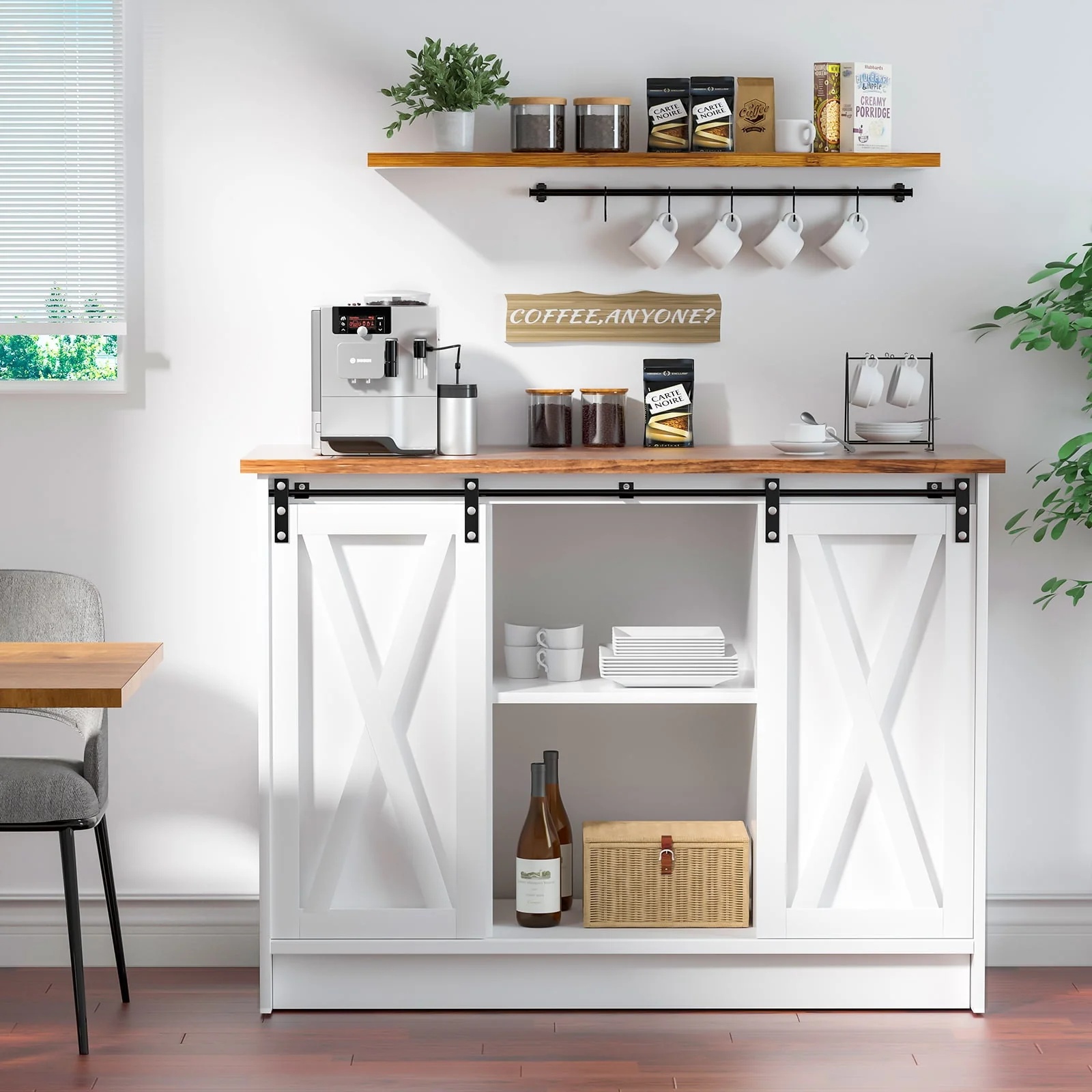 Catrimown Farmhouse Coffee Bar Cabinet , 42-? Buffet Sideboard Cabinet with Sliding Door, Sideboard Storage Cabinet, White - Image 5