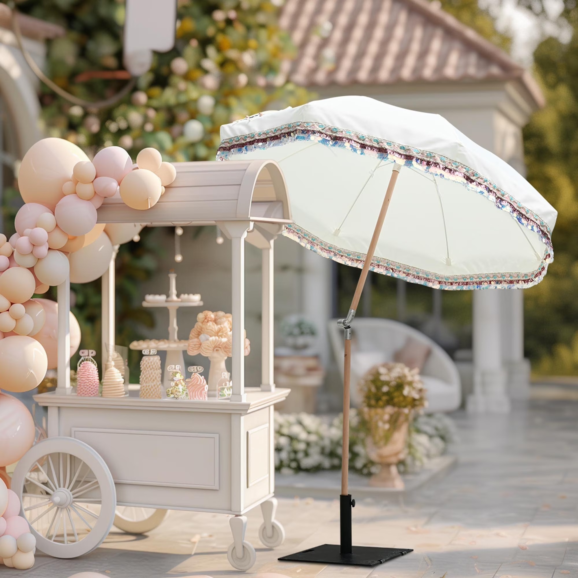 LAGarden 6 Ft Fringe Patio Umbrella with Tassel Jazz Age Wood UPF50+ for Outdoor, Beige with gold tassel,Model: JZ6-01 - Image 5