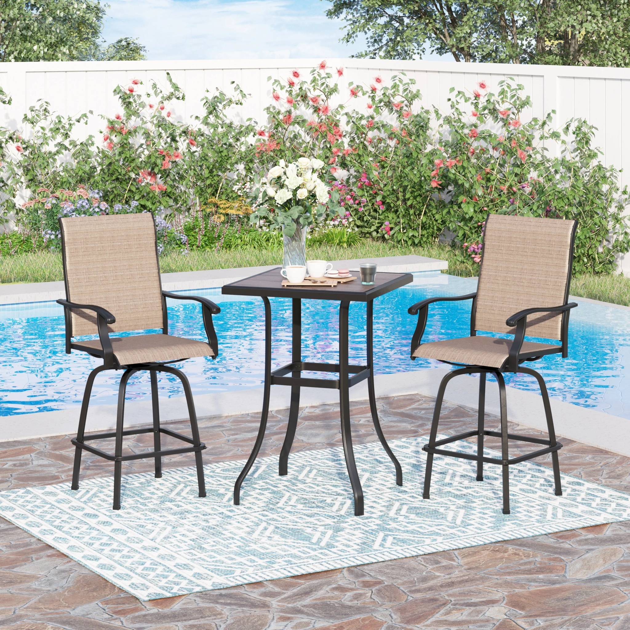 Sophia & William 2 Pcs Outdoor Swivel Metal Bar Stools Patio Height Textilene Chairs in Brown - Image 3