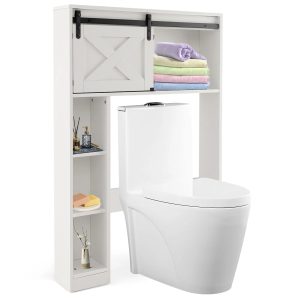 FONIRRA Over The Toilet Storage Cabinet with Sliding Barn Door Storage Shelves, Toilet Bathroom Organizer for Restroom Laundry, White