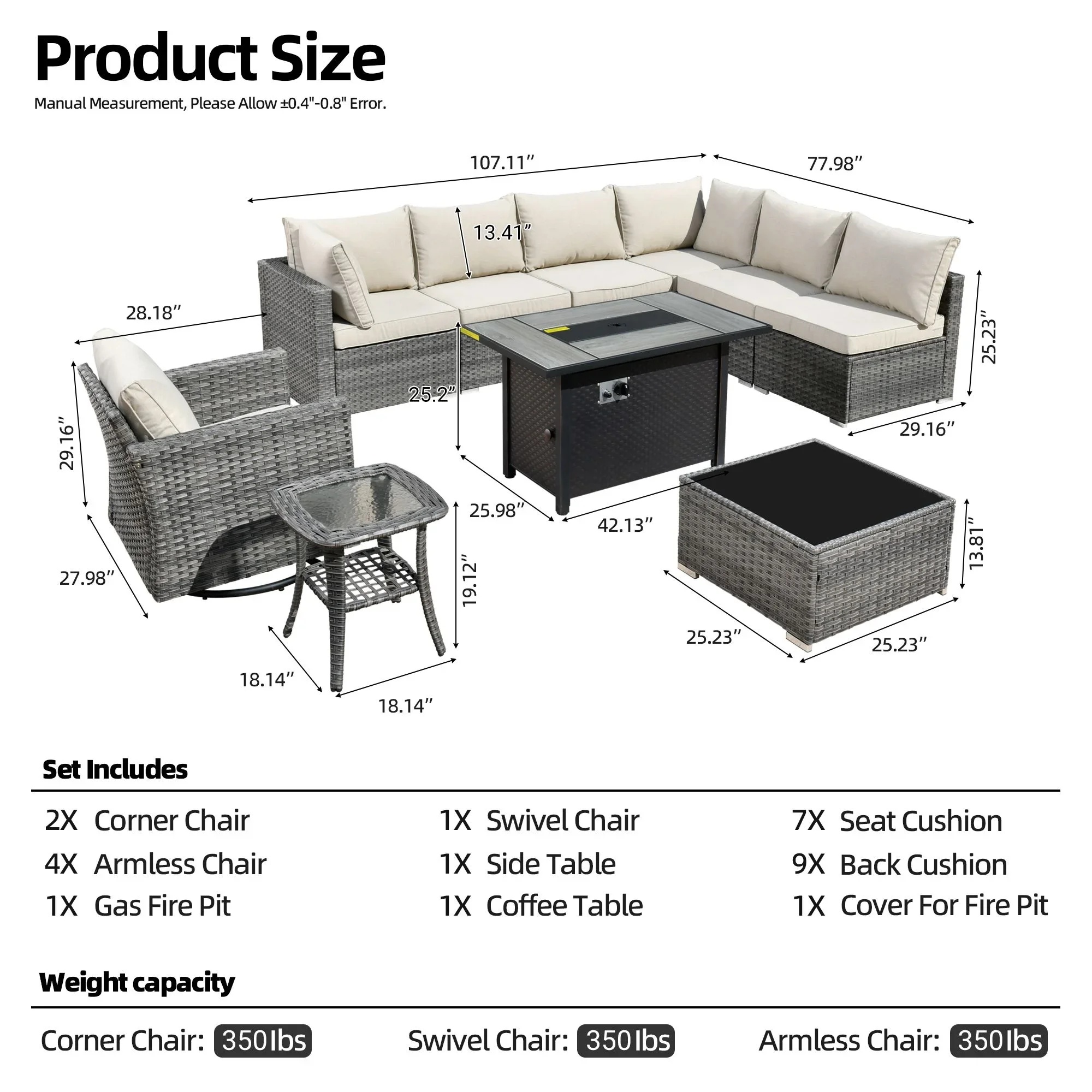 Vcatnet 11 Pieces Outdoor Patio Furniture Sets with Fire Pit Sectional Sofa All Weather Wicker Conversation Set with Swivel Glider Chairs, Black - Image 26