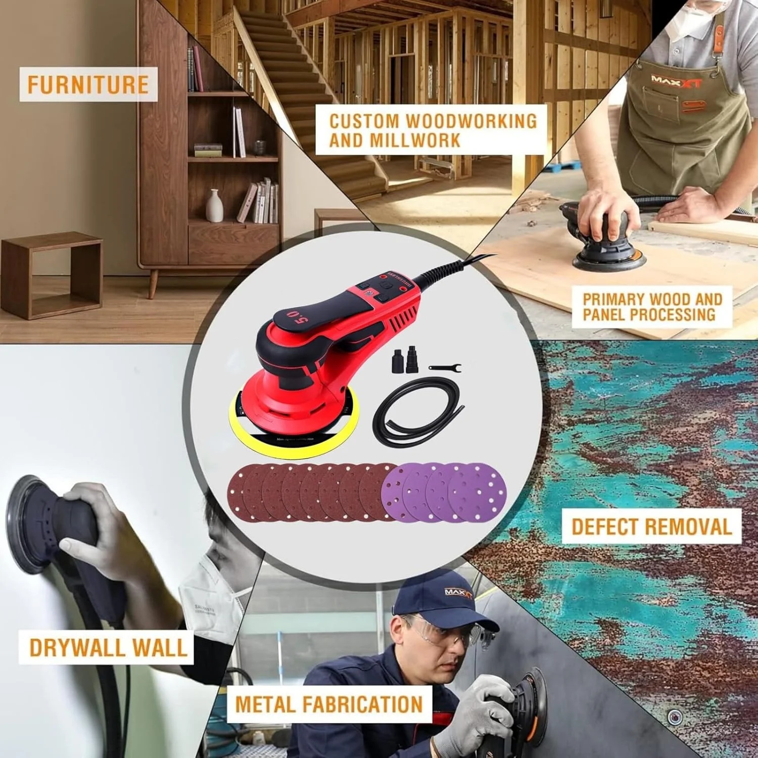 Electric Random Orbital Sander, Brushless Motor, Powerful 350W & Low Vibration Palm Sander, 10000 RPM Variable Speed, 6-Inch for Woodworking, Polishing, Carpentry - Image 9