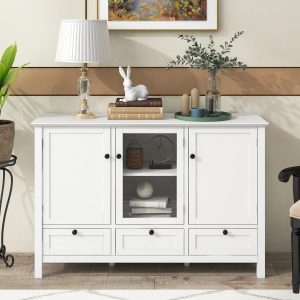 Modern Storage Cabinet, BUG HULL 44.9" Wide Solid Wood Sideboard Buffet Table, Console Table with 3 Doors and Drawers, White