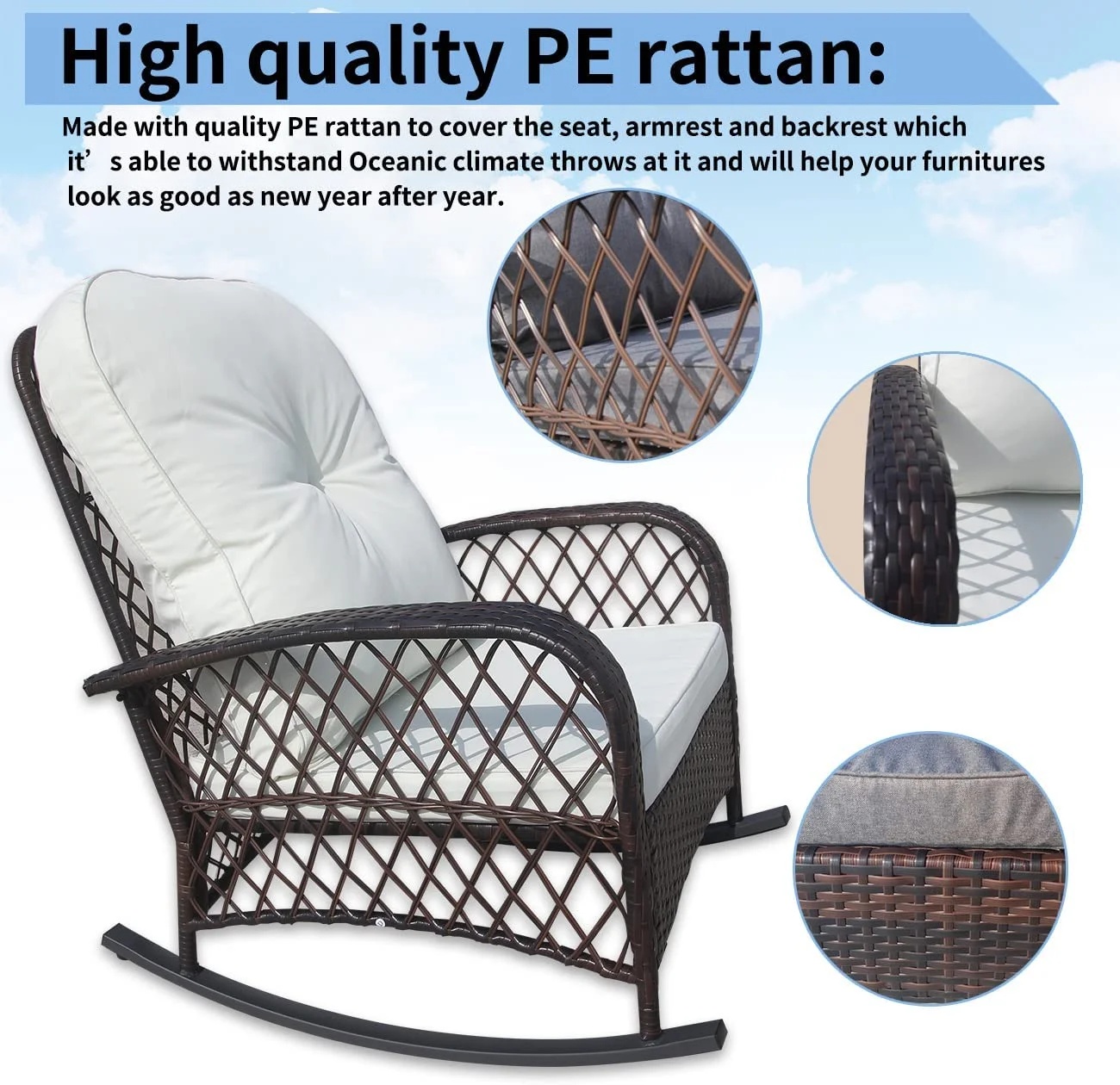 Furniture One 2 Piece Outdoor Wicker Rocking Chair, Patio Rattan Rocker Chair with Cushions & Steel Frame, All-Weather Rocking Lawn Wicker Furniture for Garden Backyard Porch - Image 4