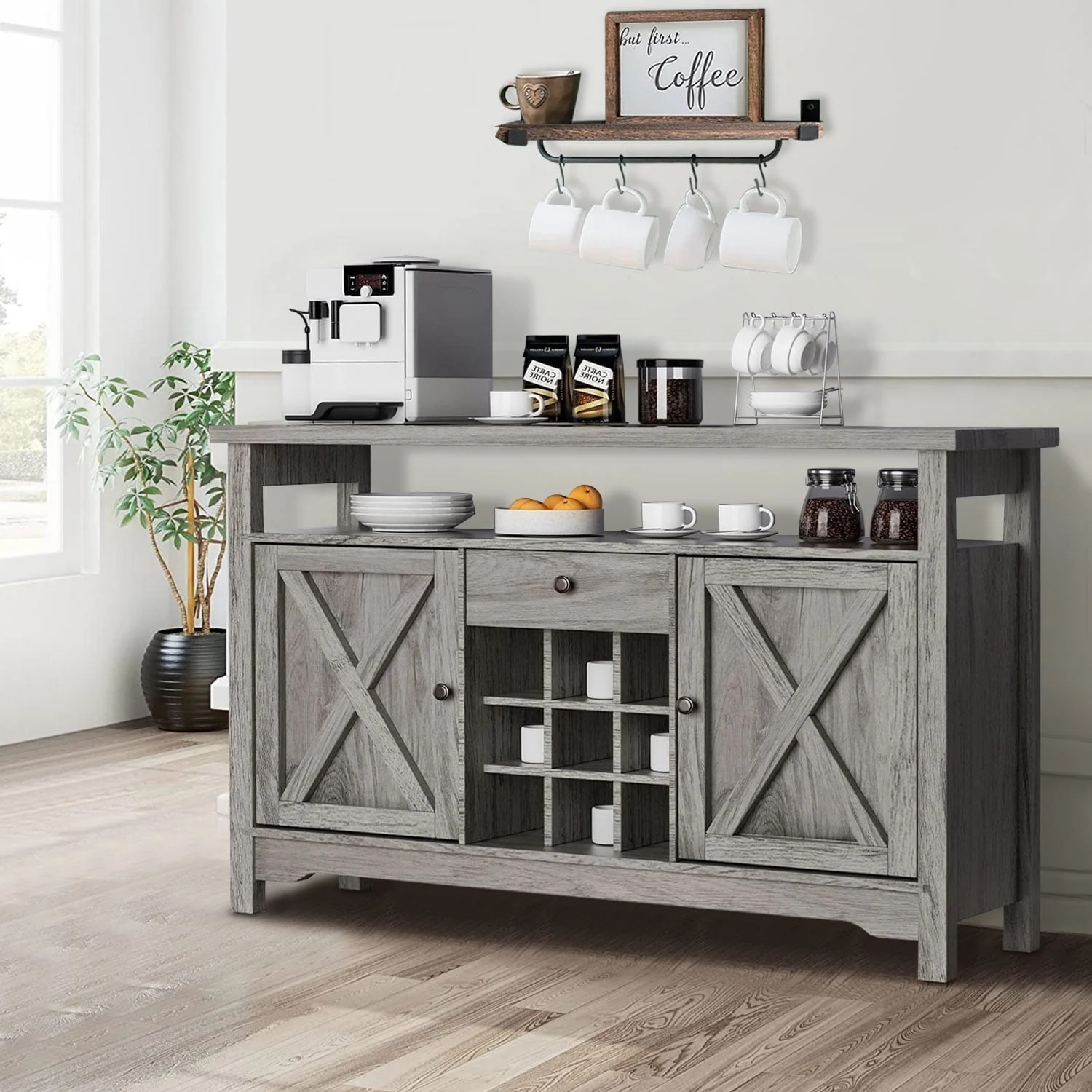 Catrimown Farmhouse Coffee Bar Cabinet, 47" Sideboard Buffet Cabinet with Barn Door, Buffet Storage Cabinet with Removable Wine Rack, Farmhouse Gray - Image 7