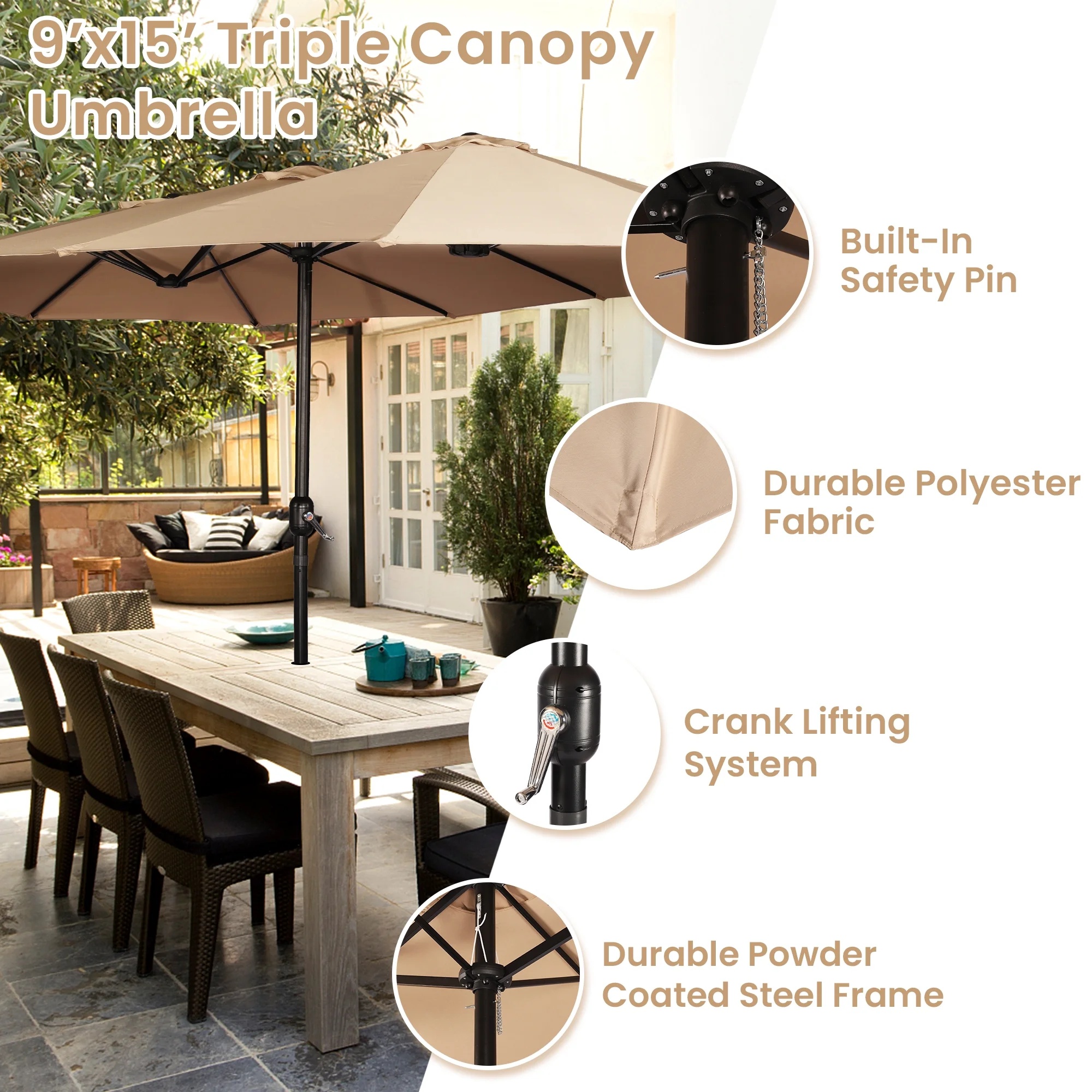 Sun-Ray 9'x15' Steel Triple Canopy Umbrella, Taupe - Outdoor Patio Umbrella with Base, UV Protection & Wind-Resistant, Large Rectangular Shade for Garden, Poolside, Deck, and Backyard - Image 8