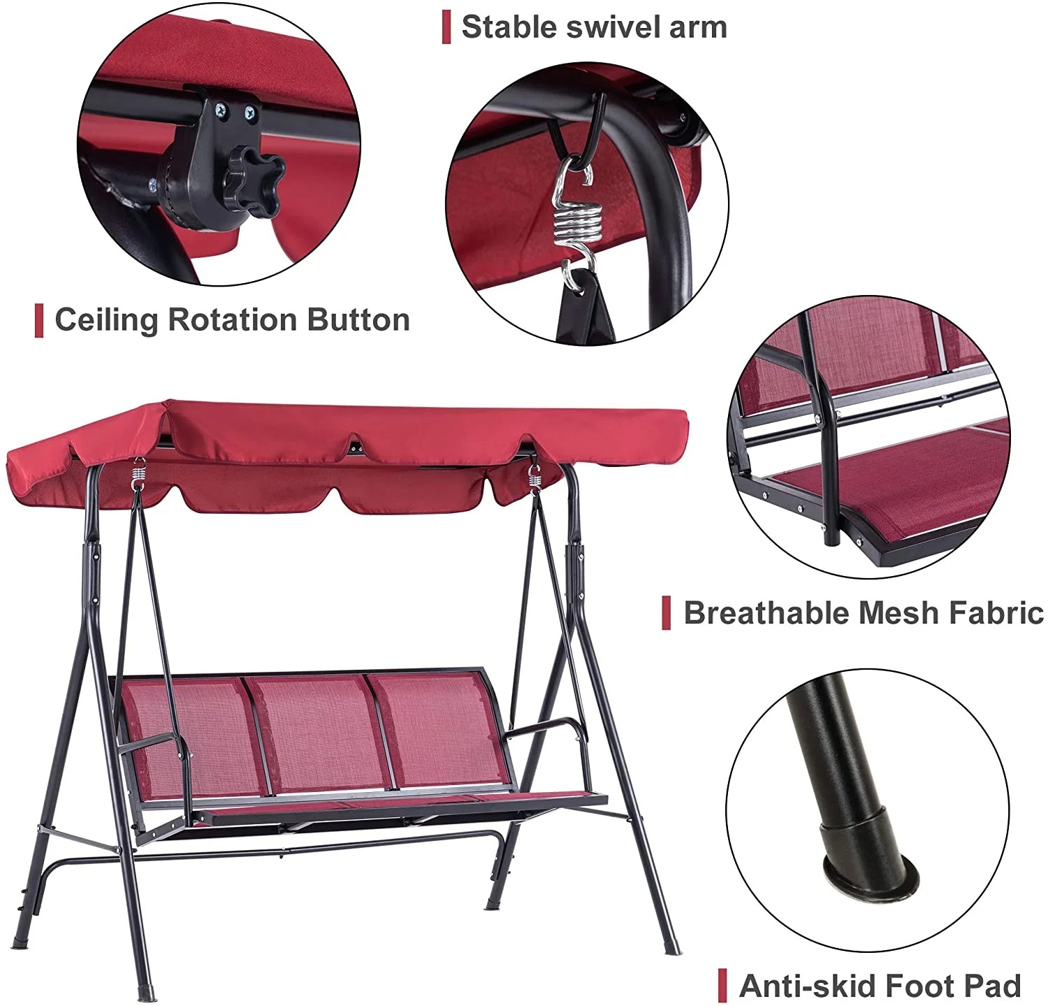 Mcombo Outdoor 3 Person Patio Canopy Swing Chair, Porch Swing, Burgundy - Image 7