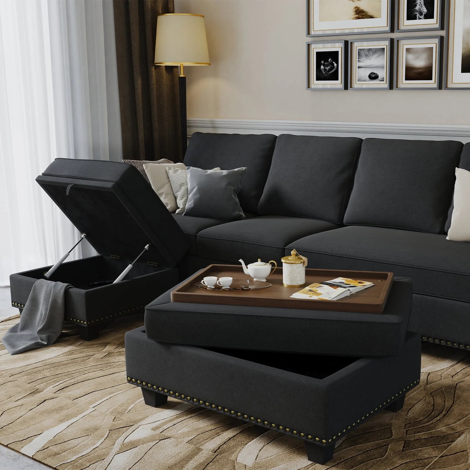 Nolany Reversible Sectional Couch L Shaped Sofa Set with Storage Tray Ottoman for Small Space and Living Room, Dark Grey - Image 7