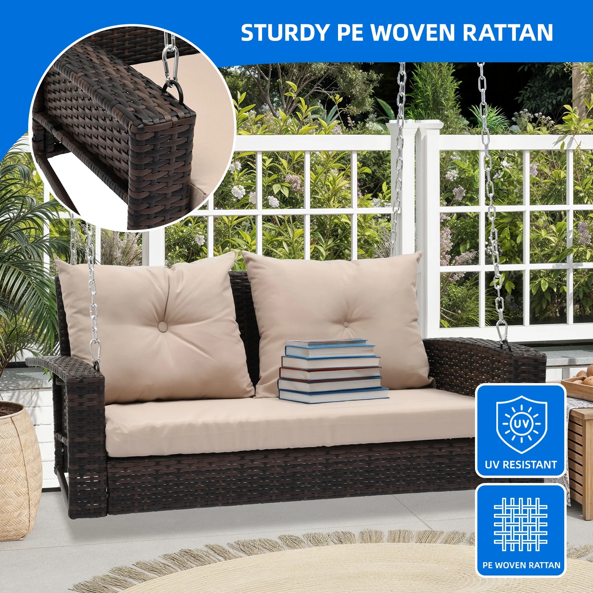 Dextrus 2-Seats Wicker Hanging Porch Swing Chair Outdoor Black Rattan Patio Swing Lounge w/ 2 Back Cushions Capacity 770lbs for Garden, Balcony, Living Room, Beige - Image 6