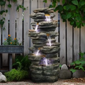 Willwolf Outdoor Water Fountain with LED Lights, 6-Tiered Electric Resin Waterfall for Garden Patio Lawn Yard and Porch